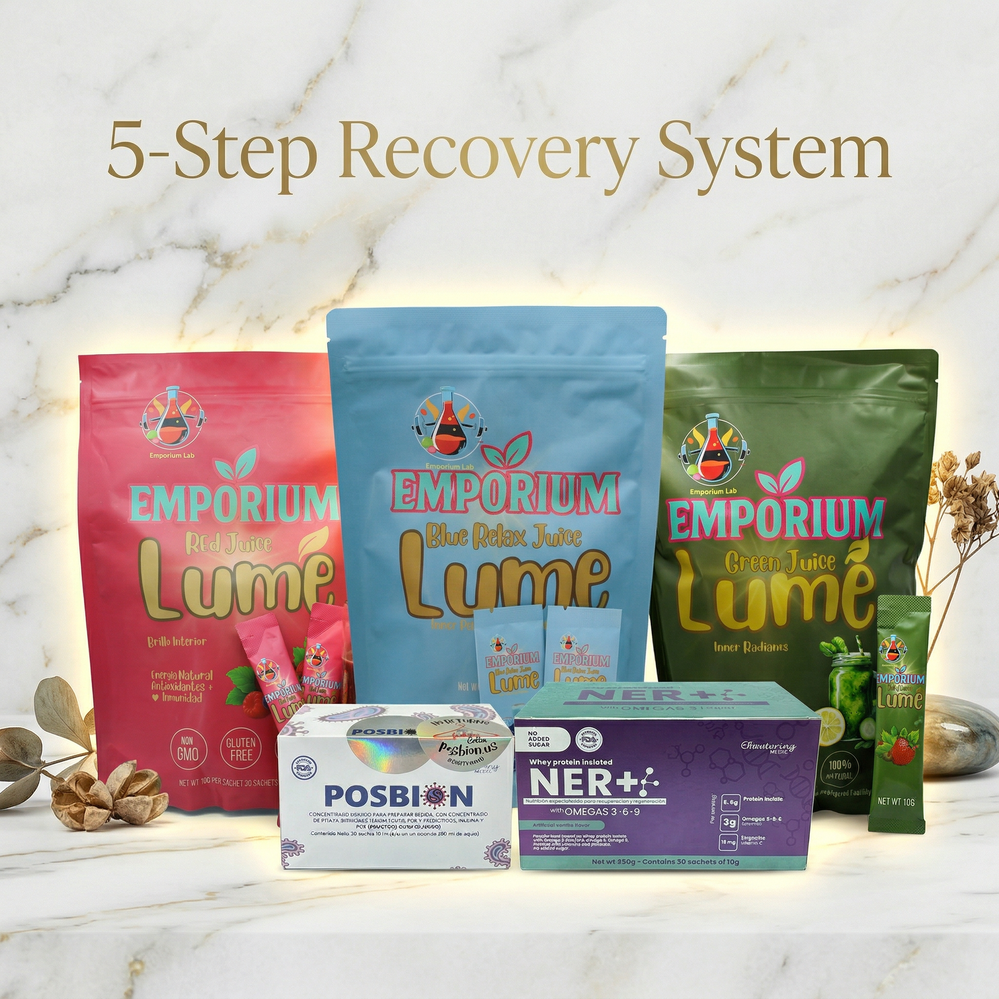 Collection of Emporium Lume products and POSBION, NER+! on a marble surface with '5-Step Recovery System' text.