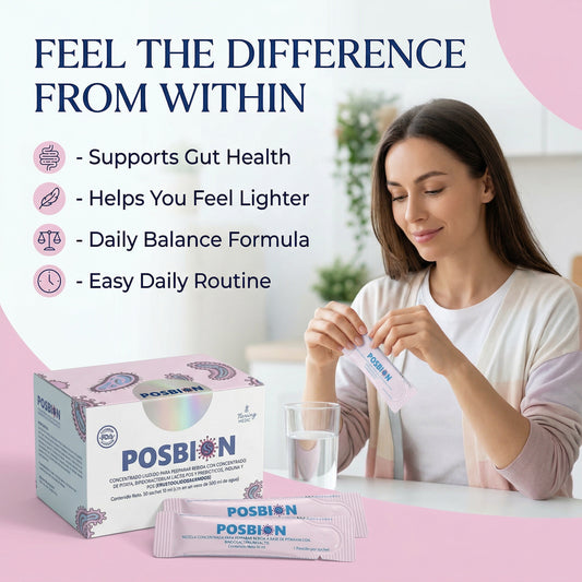Woman opening a POSBION BPL1 package with product packaging and a glass of water on a pink background.