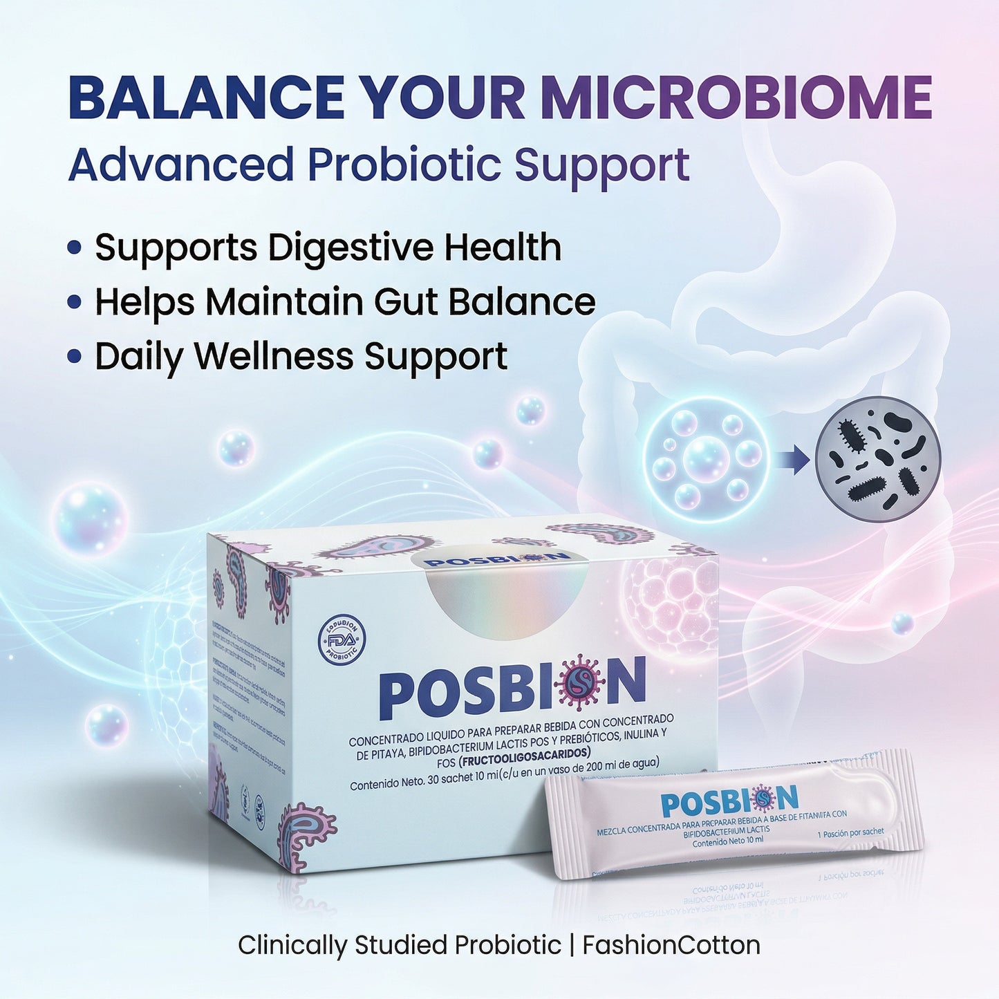 POSBION probiotic support packaging with text on a light background
