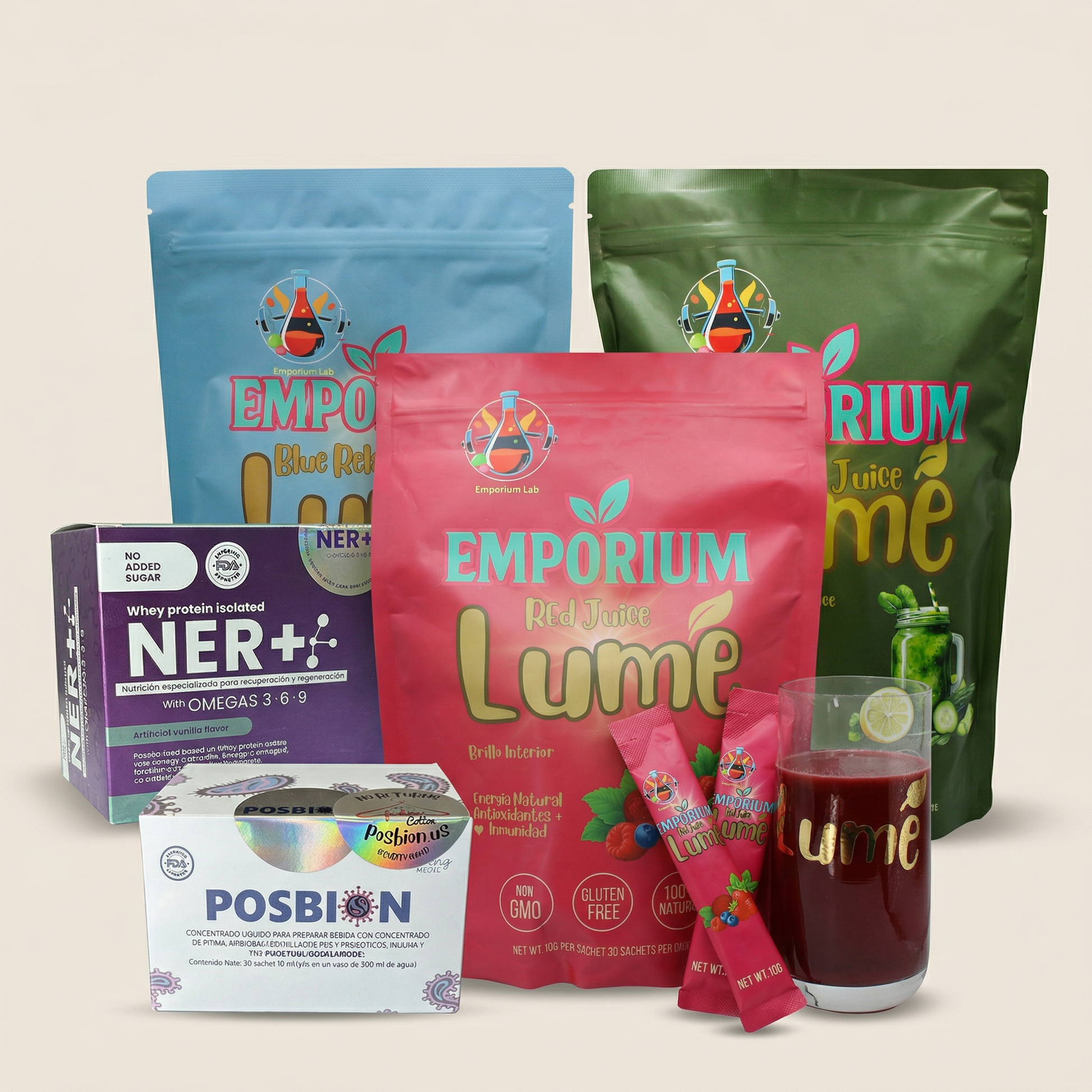 Assorted health and wellness products including bags and a box on a light background