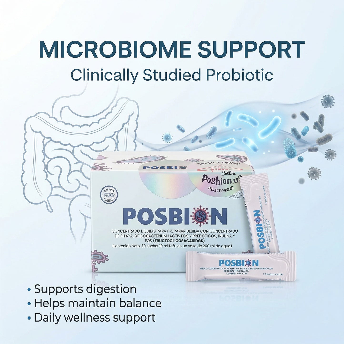 Posbion  bpl1 probiotic packaging with text about microbiome support on a light blue background.