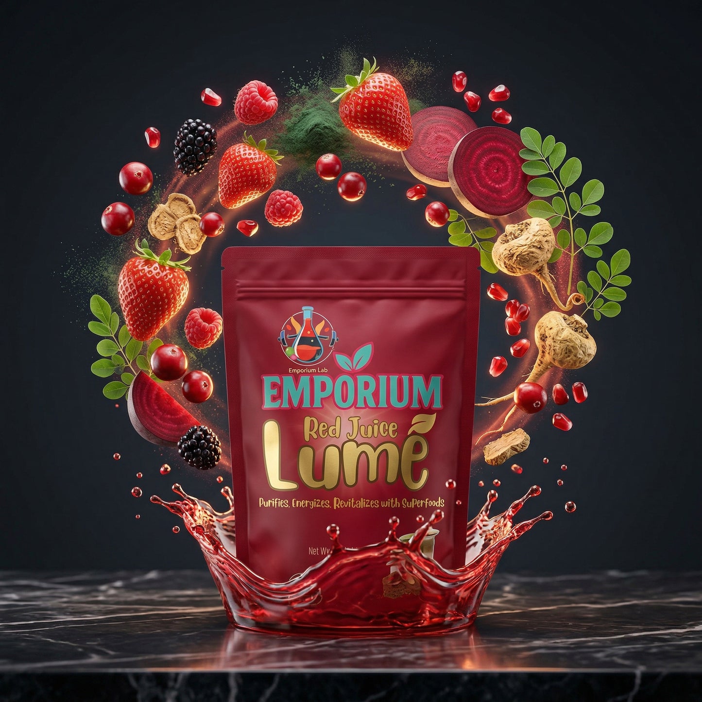 Red Juice Lèmé package with red juice splashing out, surrounded by red fruits and vegetables on a dark background.Posbion, Fibribion