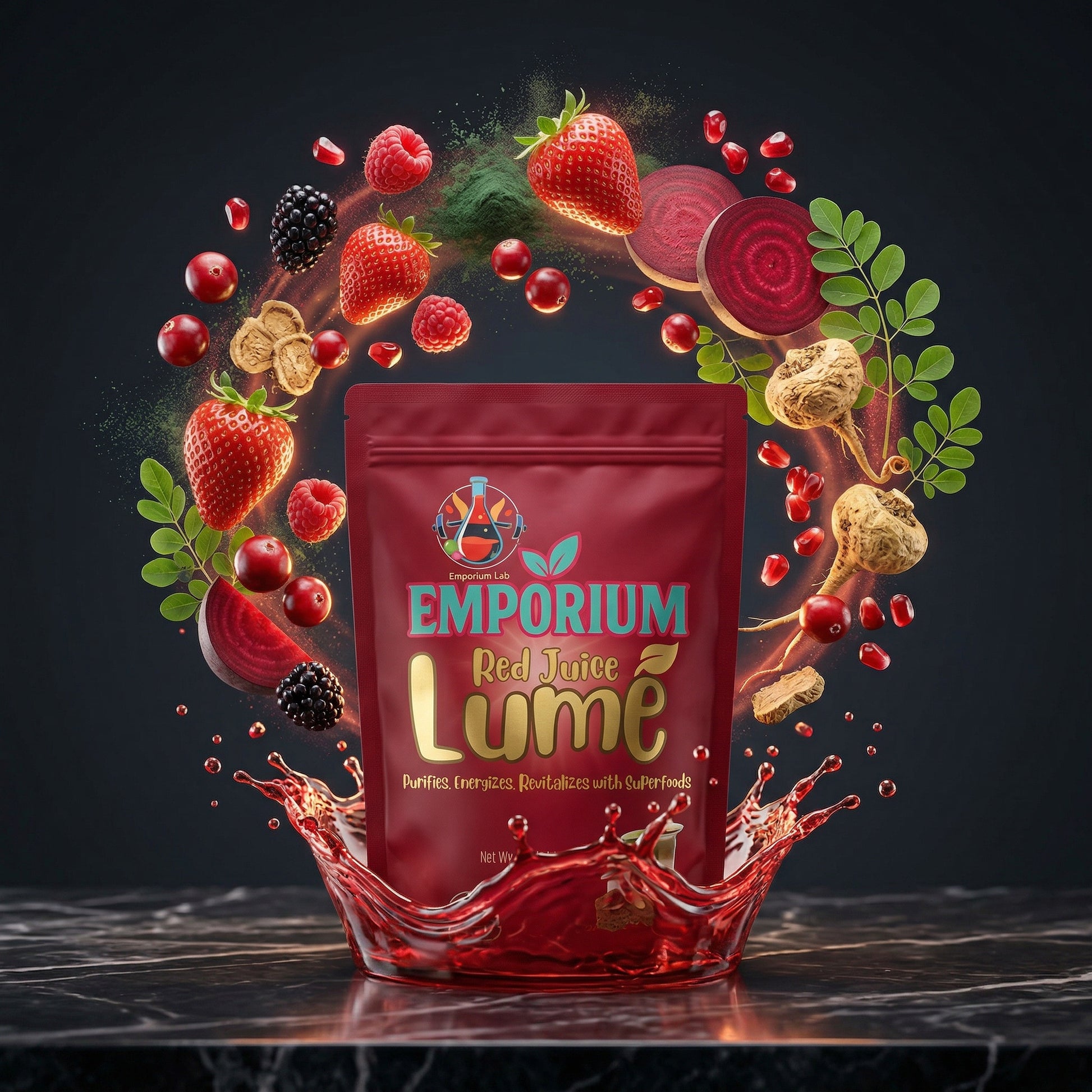 Red Juice Lèmé package with red juice splashing out, surrounded by red fruits and vegetables on a dark background.Posbion, Fibribion