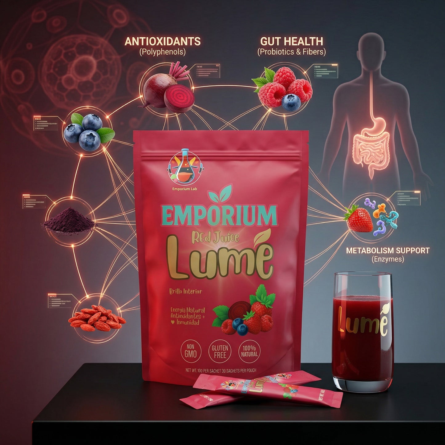 Emporium Lumé package with health benefits graphics on a dark background, posbion, fibribion