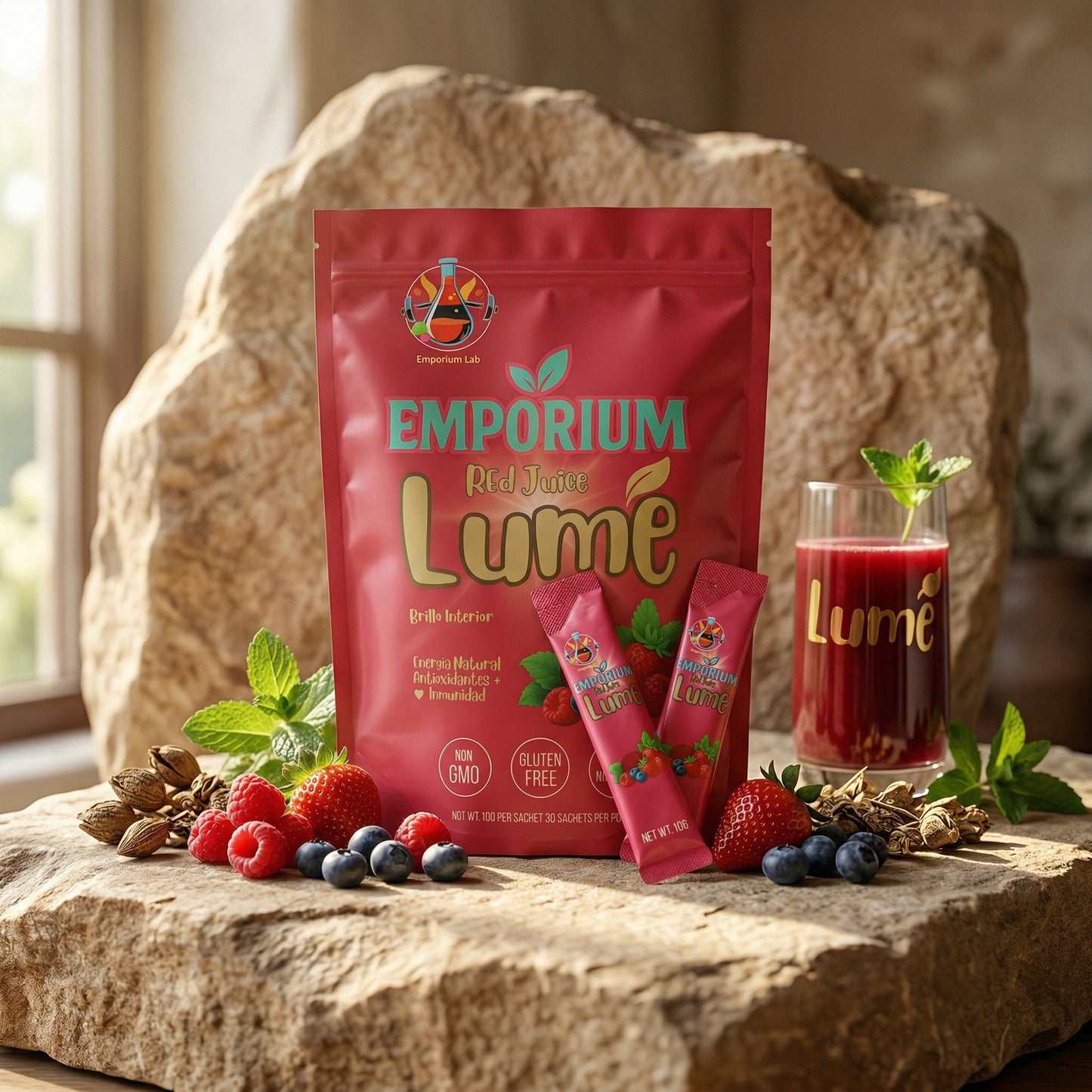 Emporium Lume red juice package with juice glass and berries on a stone surface