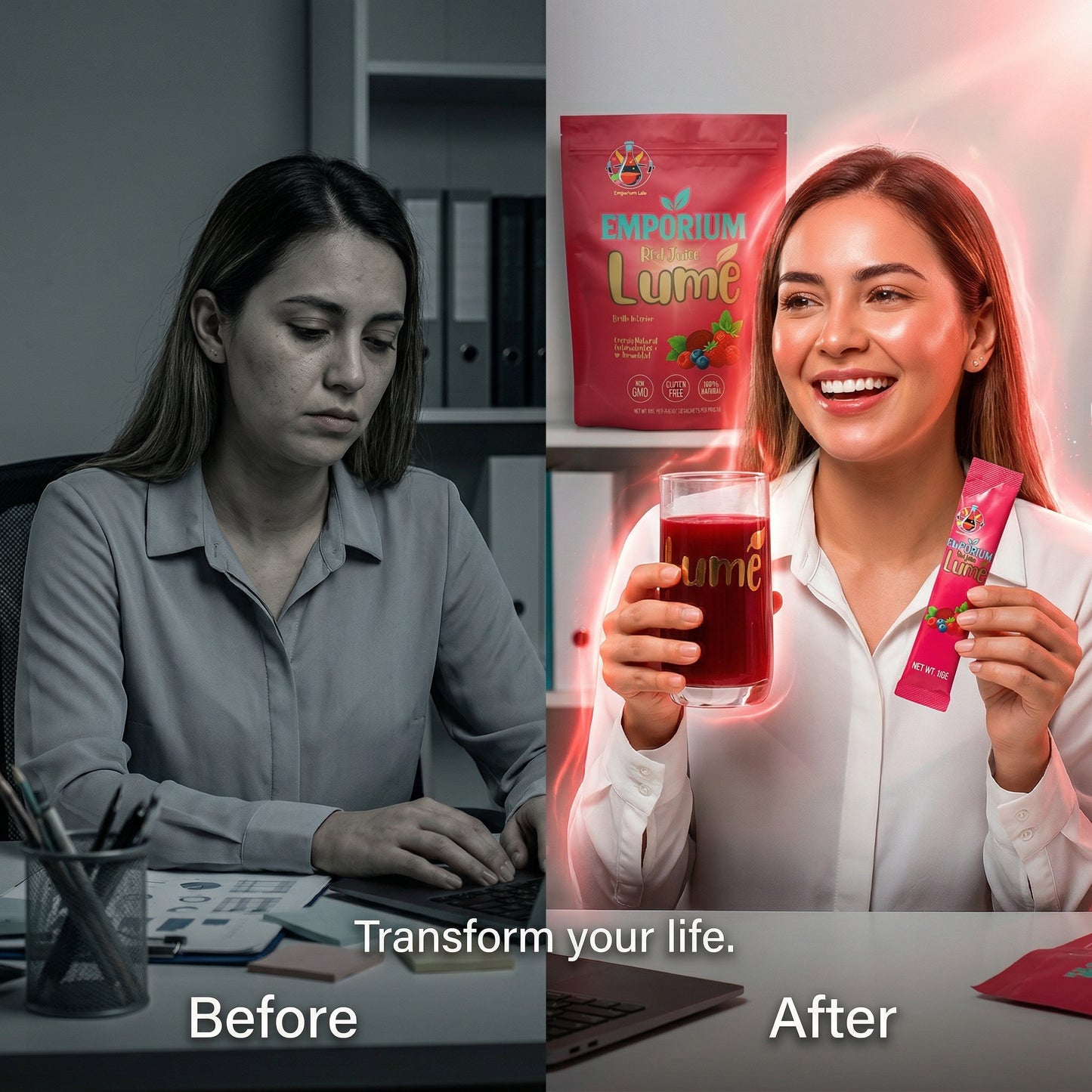 Before and after comparison of a woman with Emporium Lume products and a glass of red liquid.