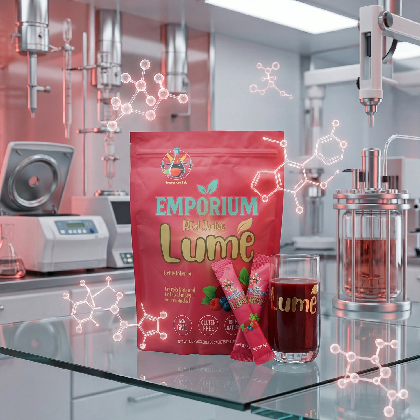 Emporium Lume package and glass in a laboratory setting