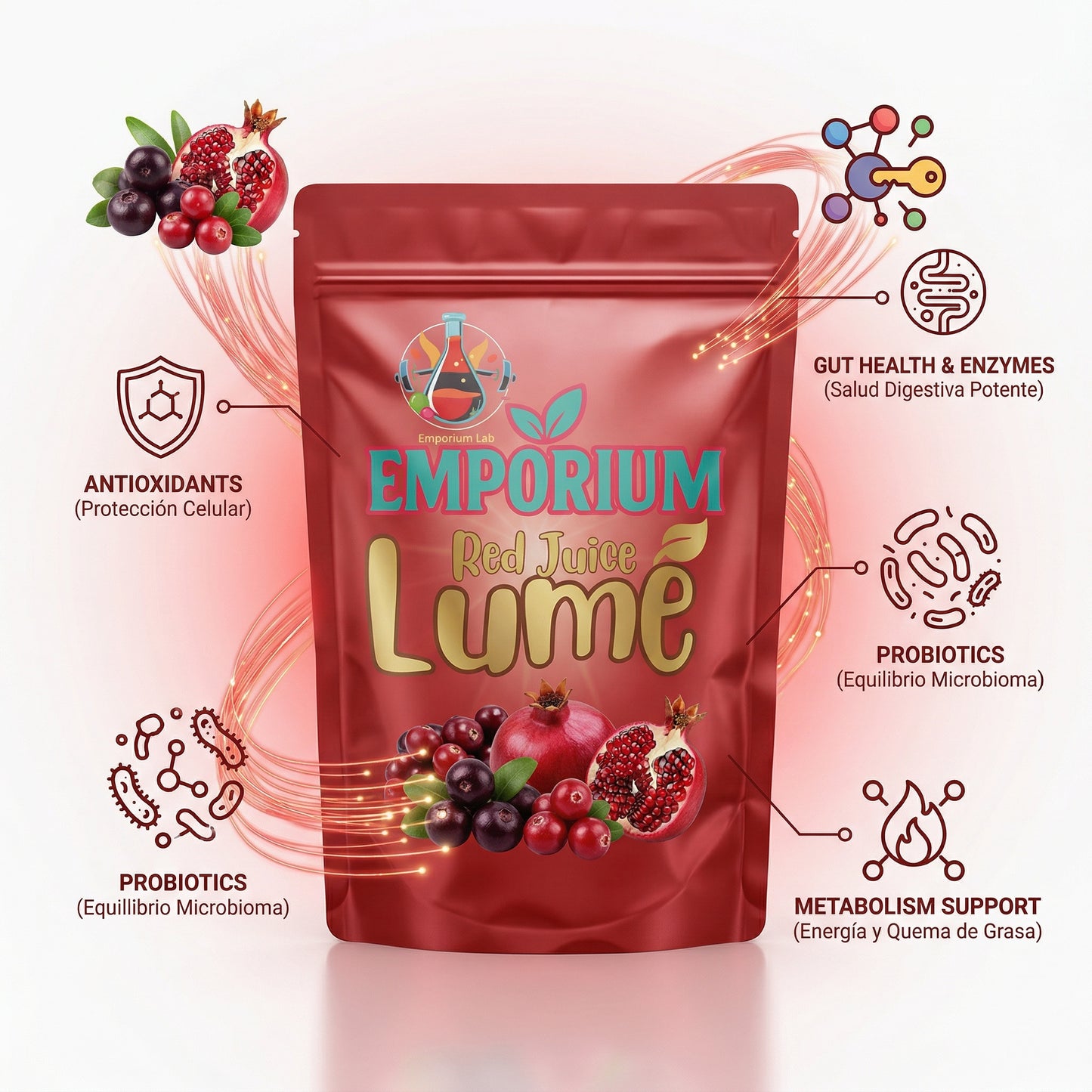 Red juice lumé package with health benefits on a white background, anemia, lactobacillus acidophilus