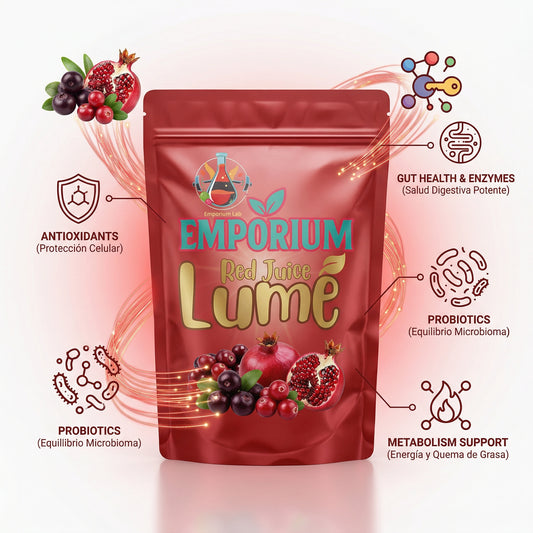 Red juice lumé package with health benefits on a white background, anemia, lactobacillus acidophilus