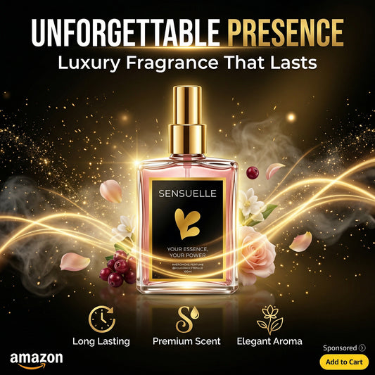 Sensuelle perfume bottle with gold cap on a dark background with glowing effects and product features.