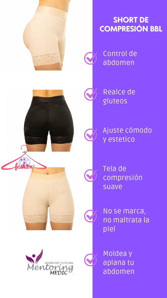 Compression shorts with a purple sidebar listing features and brand name 'Mentoring Medic'.