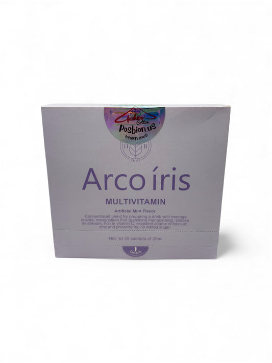 “Arcoíris Multivitamin front box view, concentrated drink mix with moringa, mangosteen and shiitake mushroom, rich in vitamins and minerals – available in USA and Mexico.”