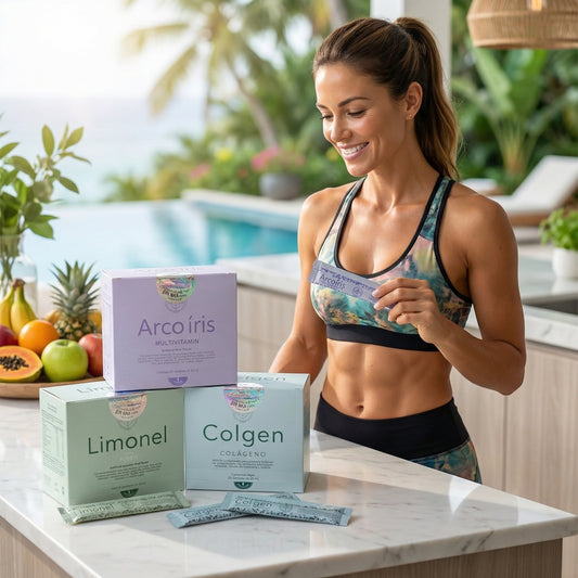 Woman in athletic wear standing in a kitchen with health product boxes on the counter.