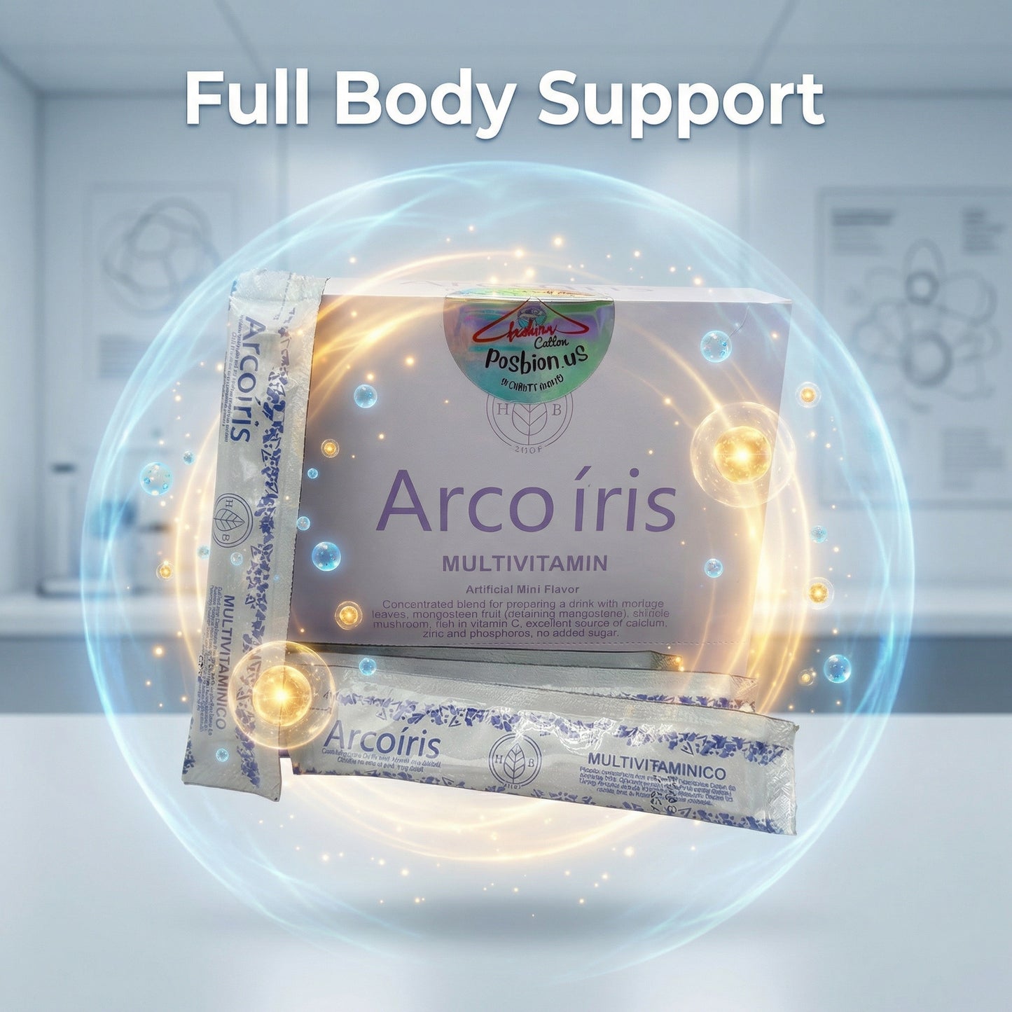 Arco iris multivitamin packaging with 'Full Body Support' text in a futuristic setting.