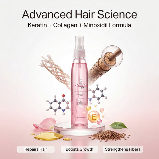 Pink hair care product with 'Advanced Hair Science' text and ingredients on a light pink background