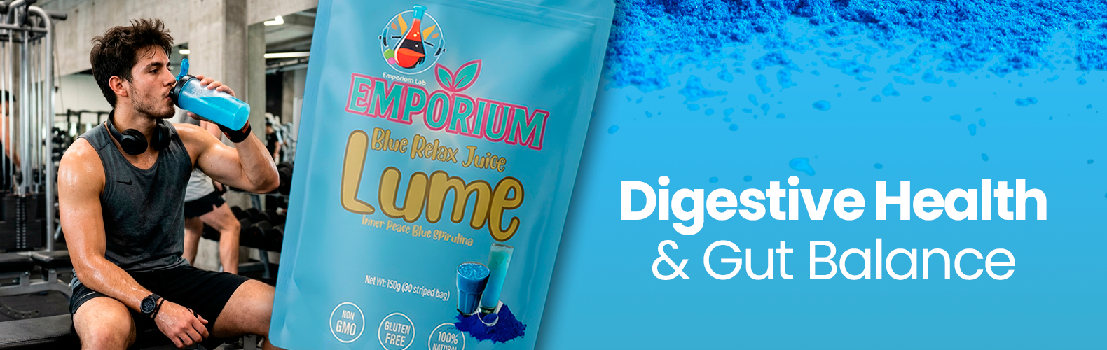 Man drinking from a supplement bottle with 'Emporium Lume' packaging on a blue background