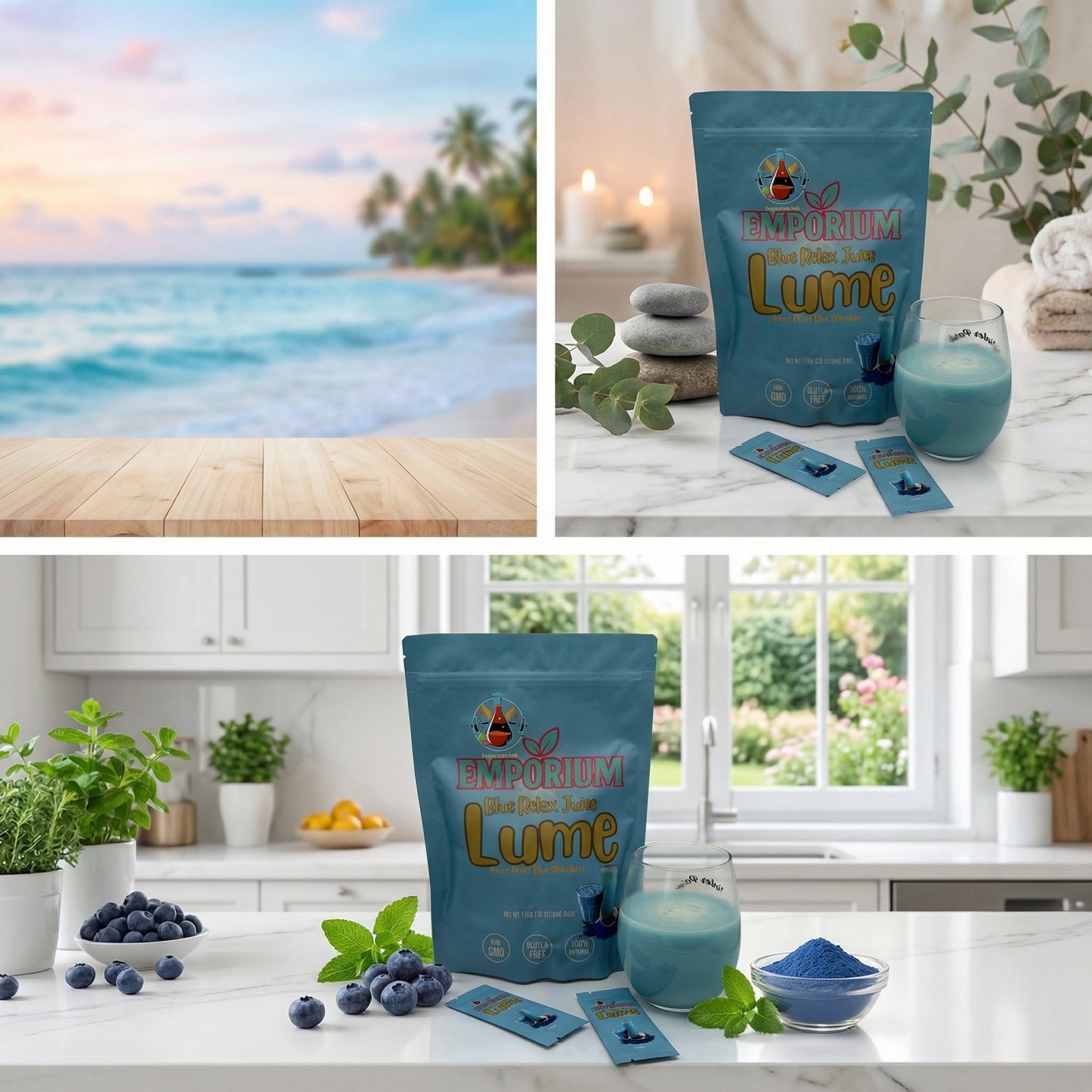 Collage of images including a beach scene, a kitchen with blue powder and packaging, and a product labeled 'Lume'.