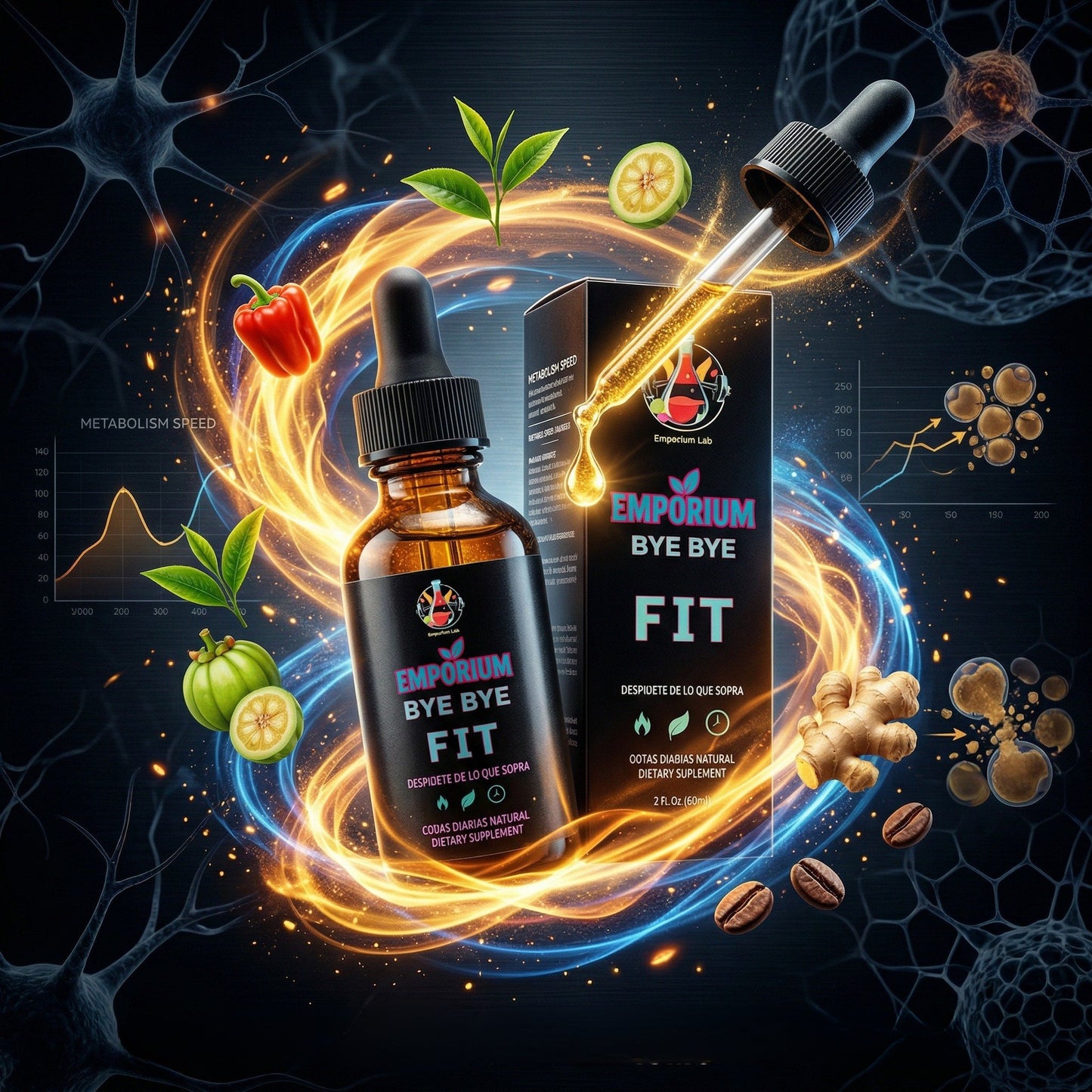 Supplement bottle and packaging with dropper labeled 'Emporium Bye Bye Fit' on a dark background with health-related graphics. reduce la ansiedad, baja de peso