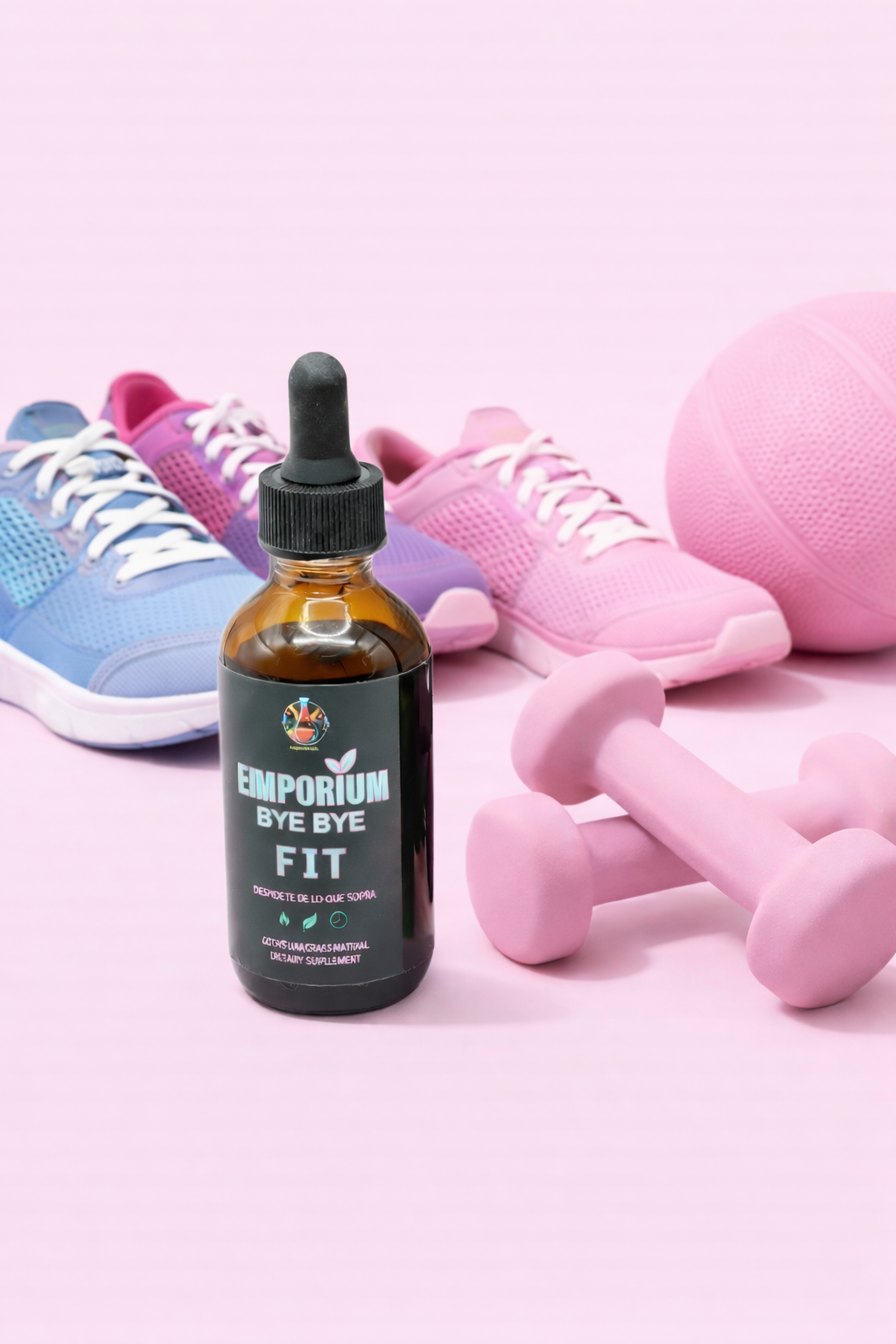 Bottle of 'Emporium Bye Bye Fit' on a pink background with sneakers and dumbbells.