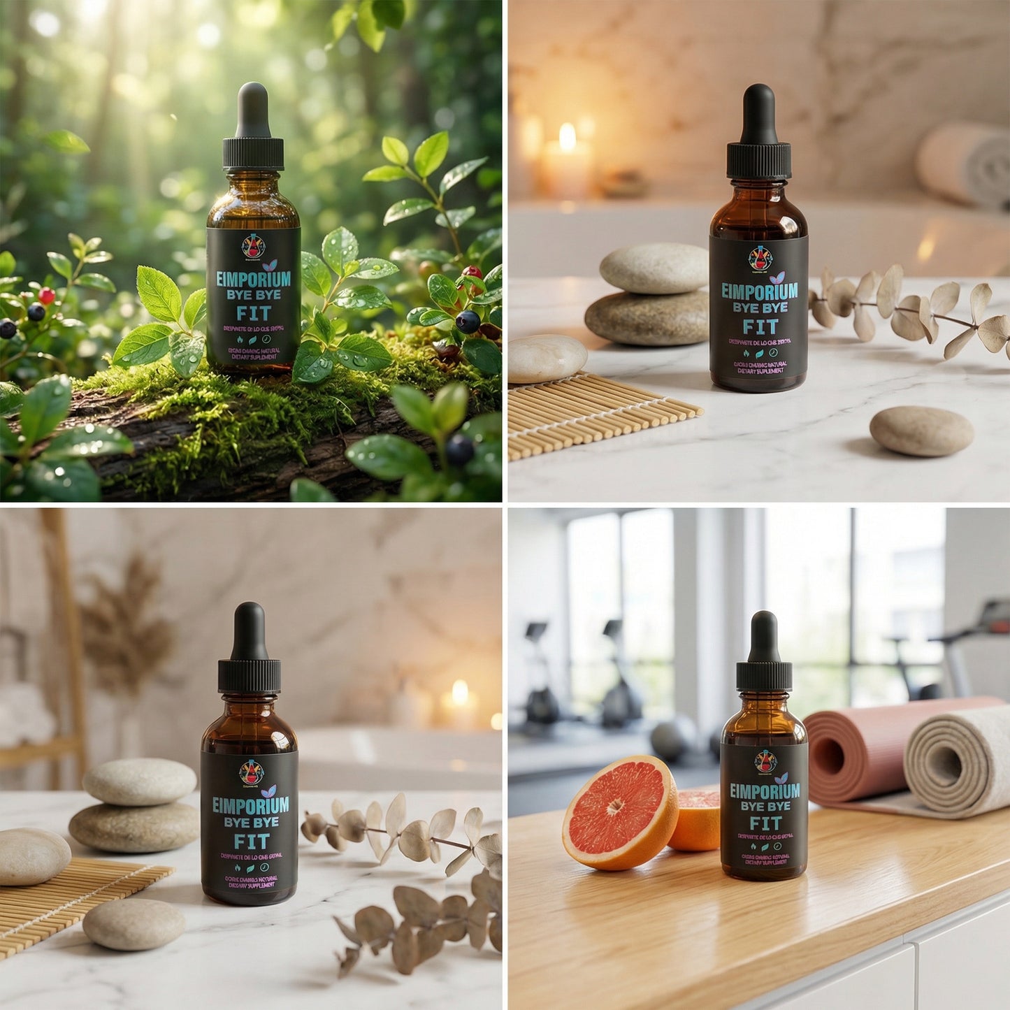Collage of Emporium Fit tincture bottles in various settings with natural elements.