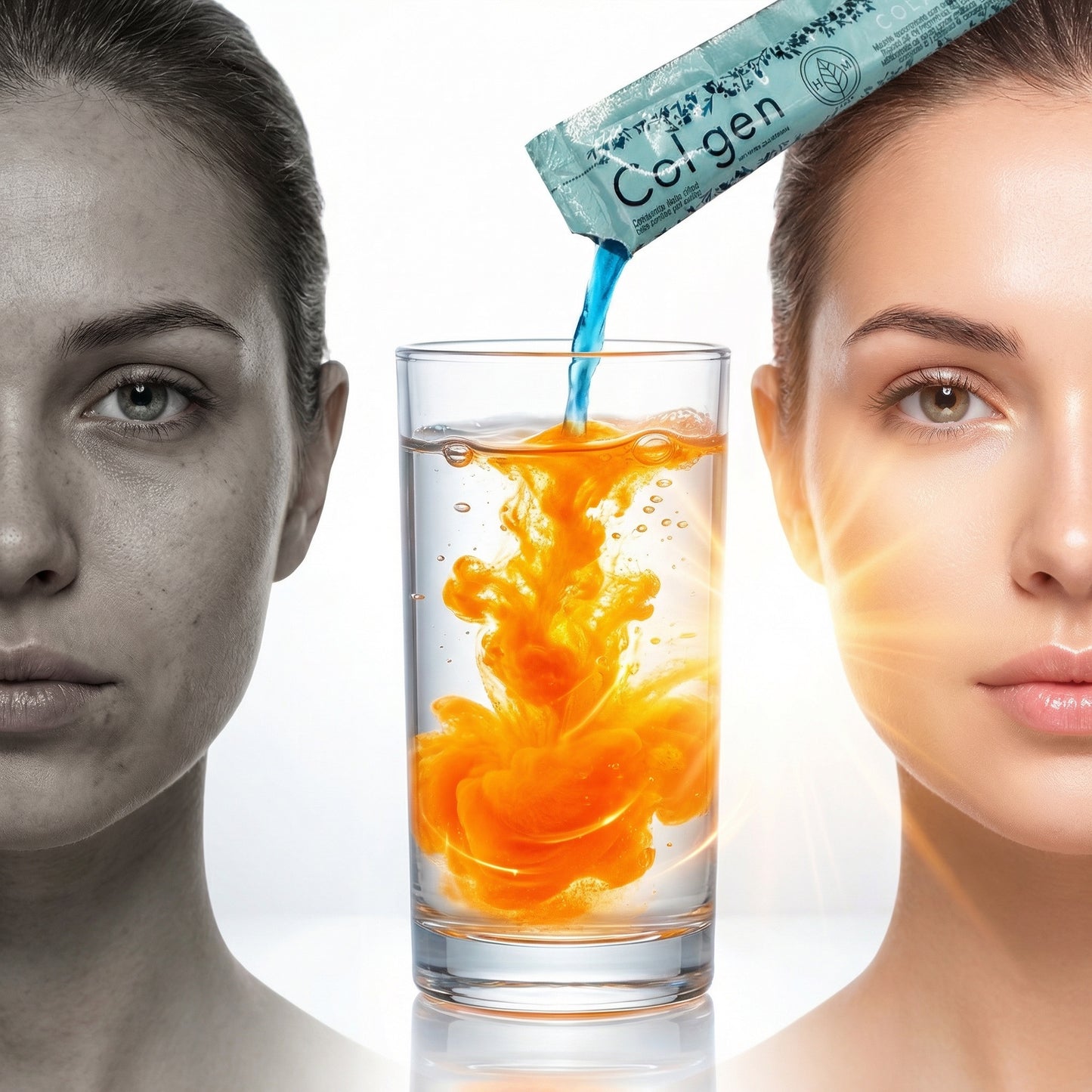 Glass of orange juice with a collagen powder packet being poured into it, next to two women with different skin tones.