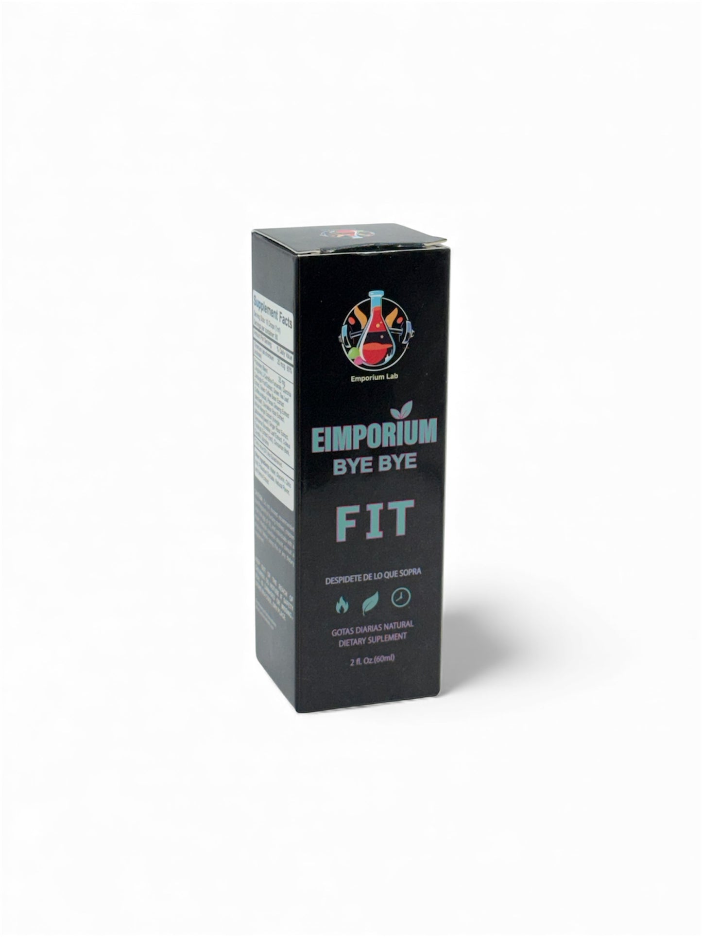“Emporium Bye Bye Fit con etiqueta nutricional visible, mezcla natural que apoya la quema de calorías, aumenta energía y ayuda al control de peso.”