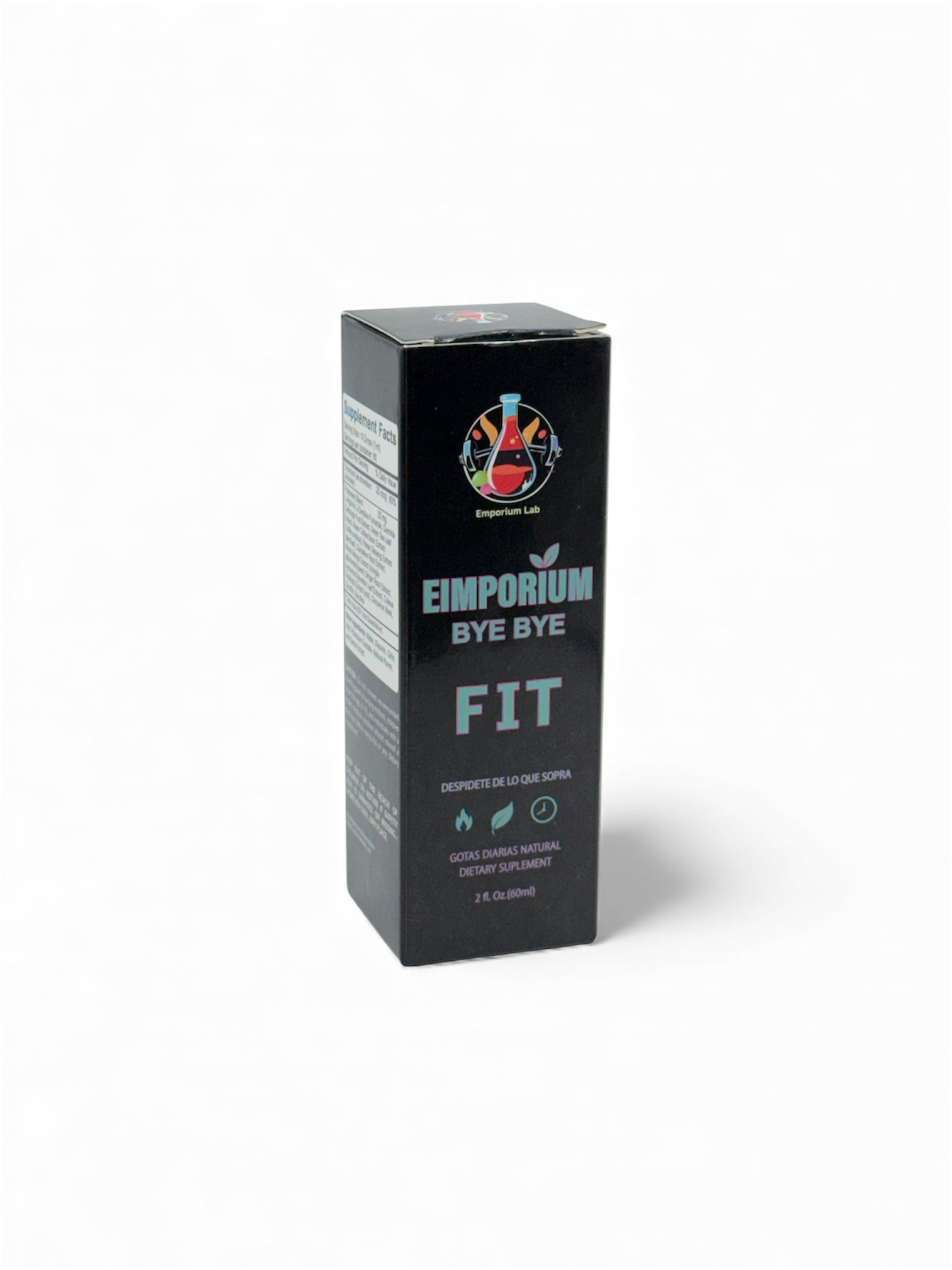 “Emporium Bye Bye Fit con etiqueta nutricional visible, mezcla natural que apoya la quema de calorías, aumenta energía y ayuda al control de peso.”