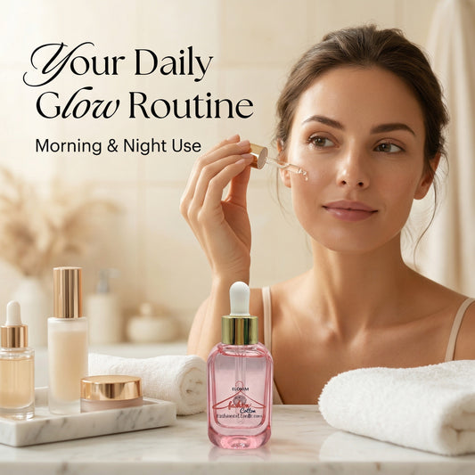Woman applying skincare product with text 'Your Daily Glow Routine' on a blurred background
