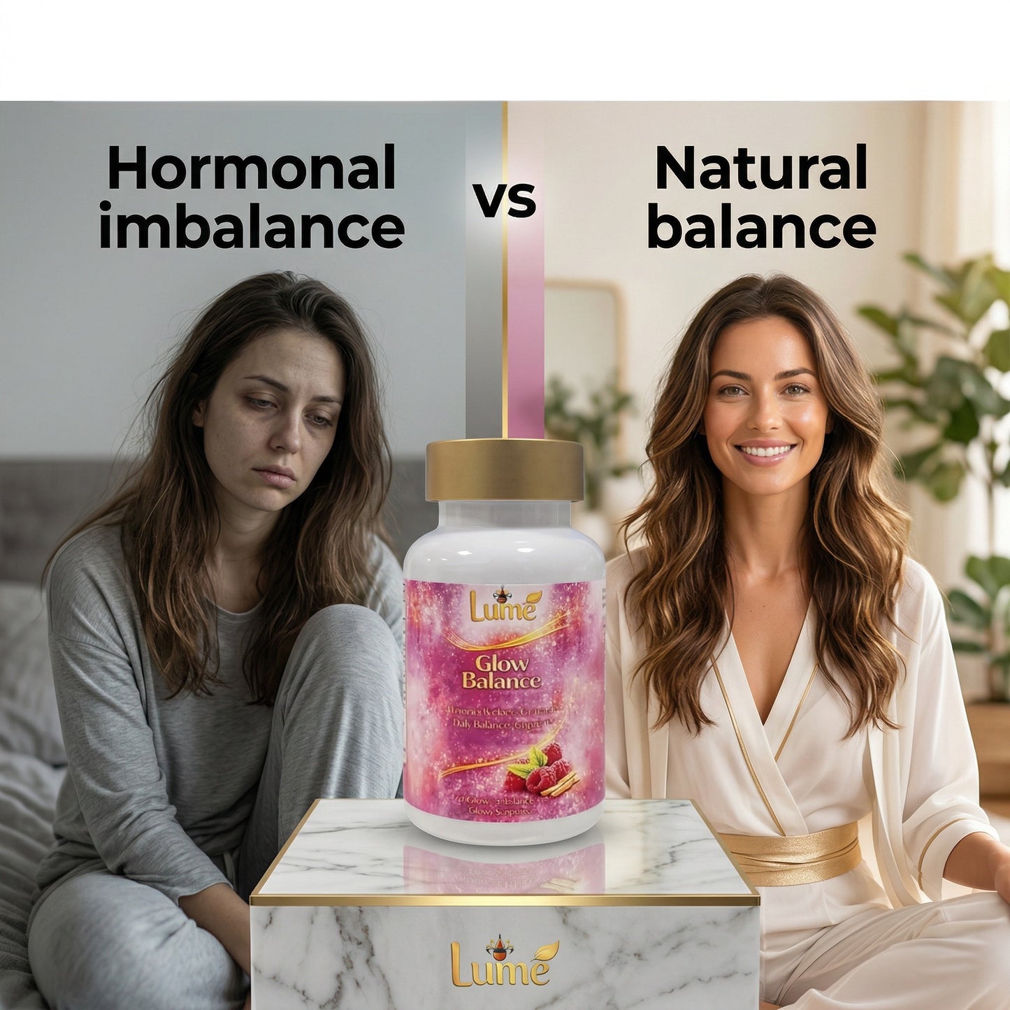 Two women, one with hormonal imbalance and the other with natural balance, sitting next to a bottle of LuMe Glow Balance supplement.