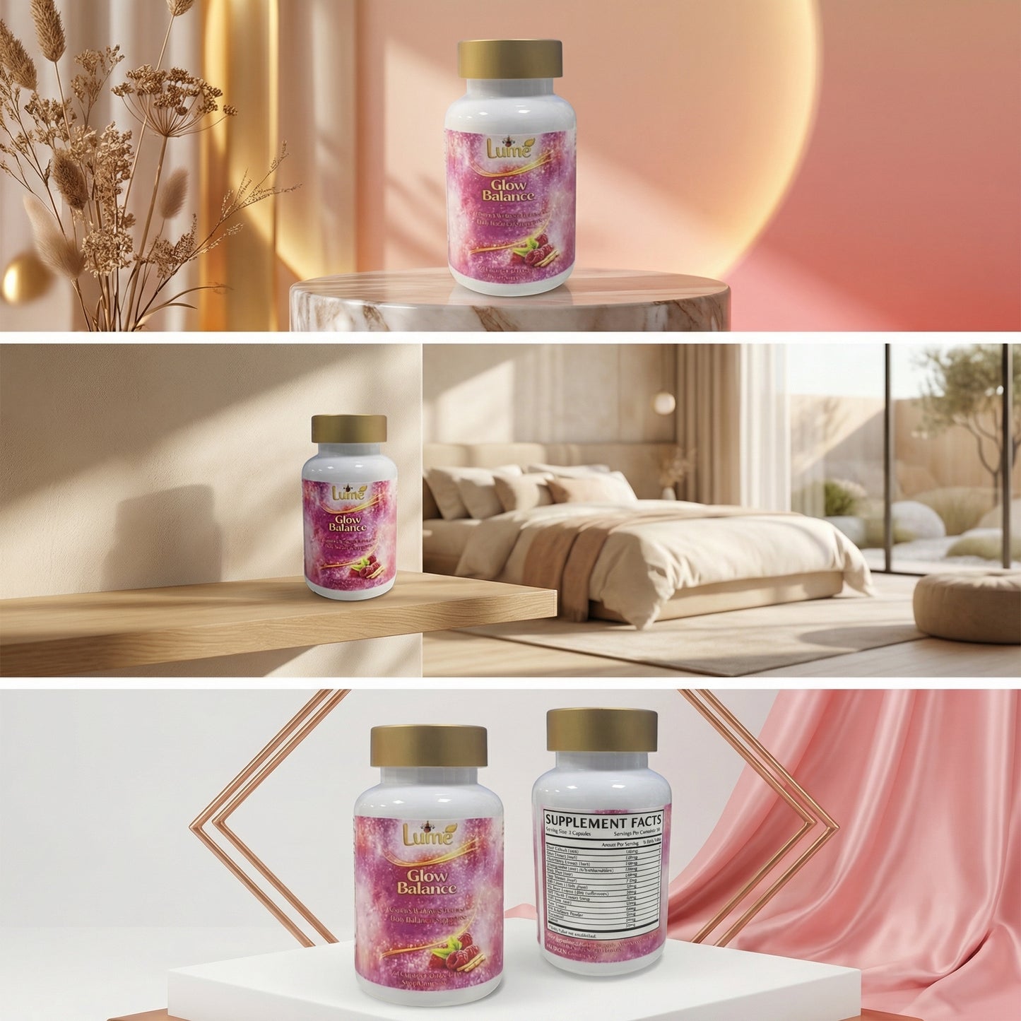 Supplement bottle labeled 'Lume' on a table with a bedroom in the background
