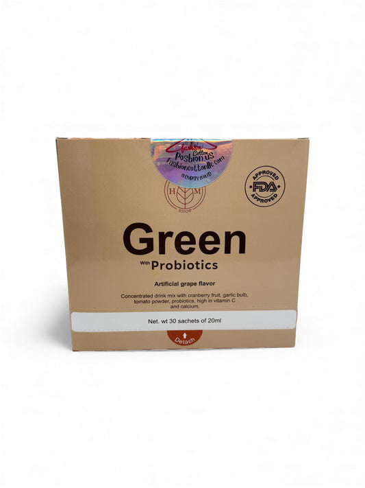 “Green with Probiotics front box view, concentrated grape-flavored drink mix with cranberry, garlic, tomato powder and probiotics – available in USA and Mexico, POSBION COLOMBIA