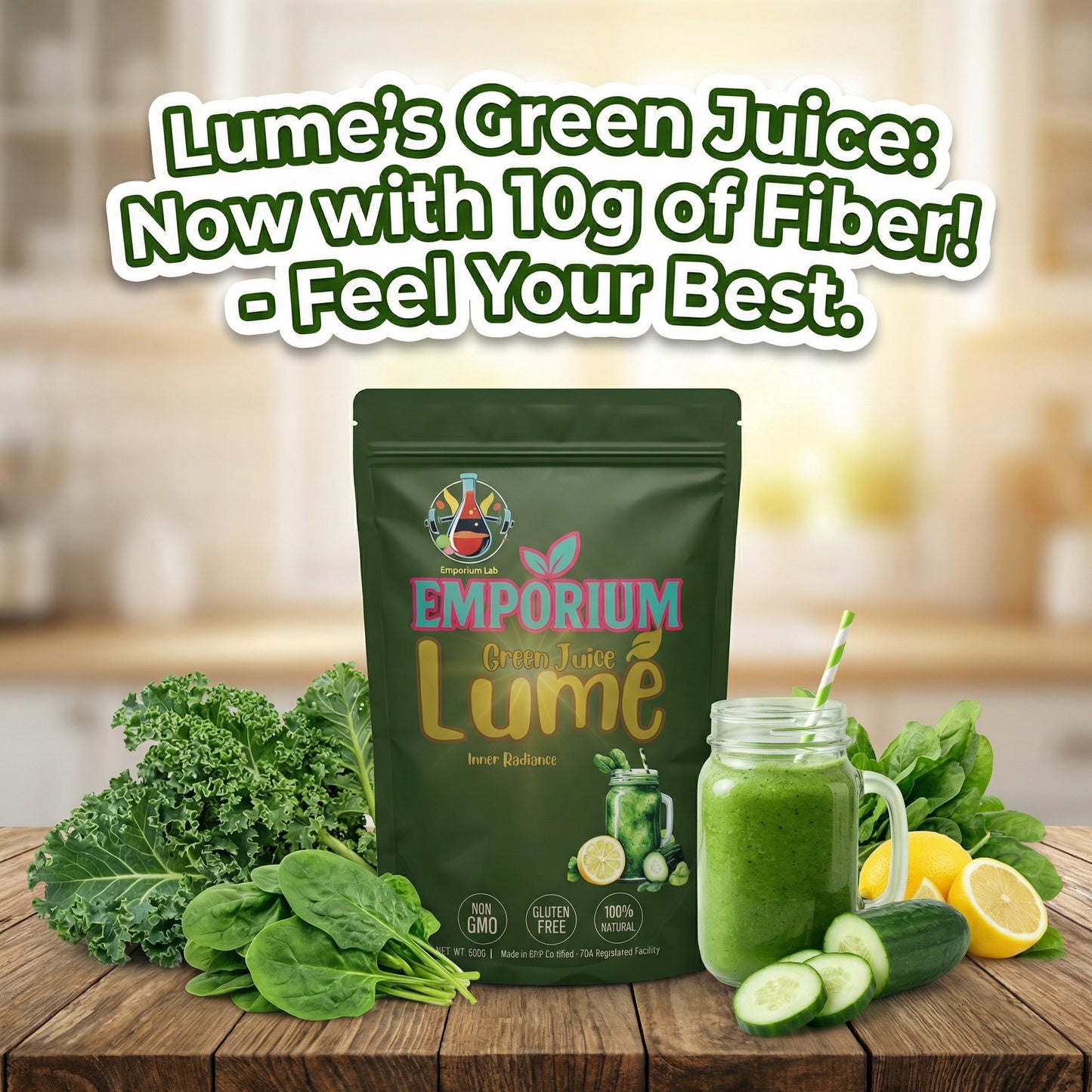 Lume's Green Juice package with green vegetables and a smoothie on a wooden table.