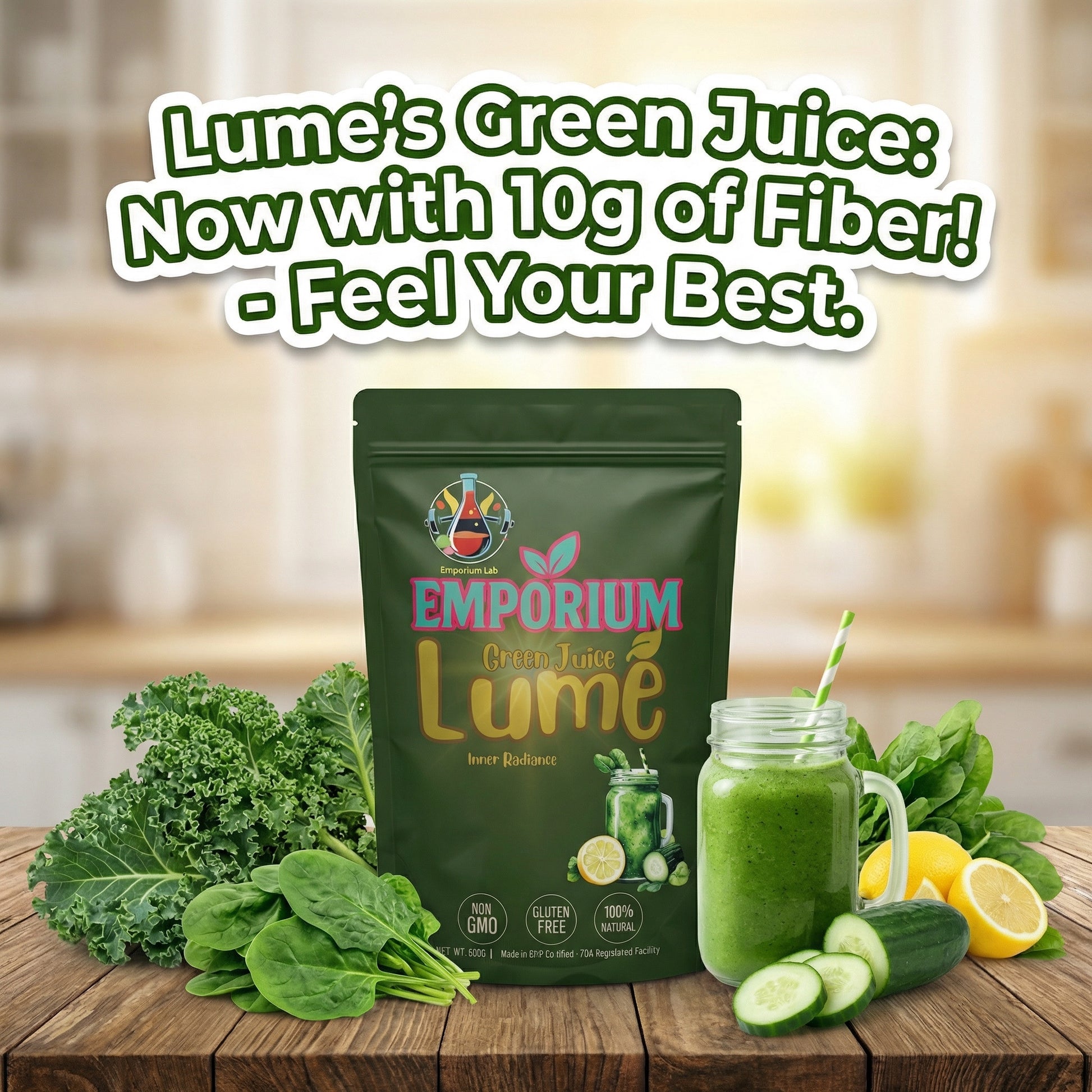 Lume's Green Juice package with green vegetables and a smoothie on a wooden table.