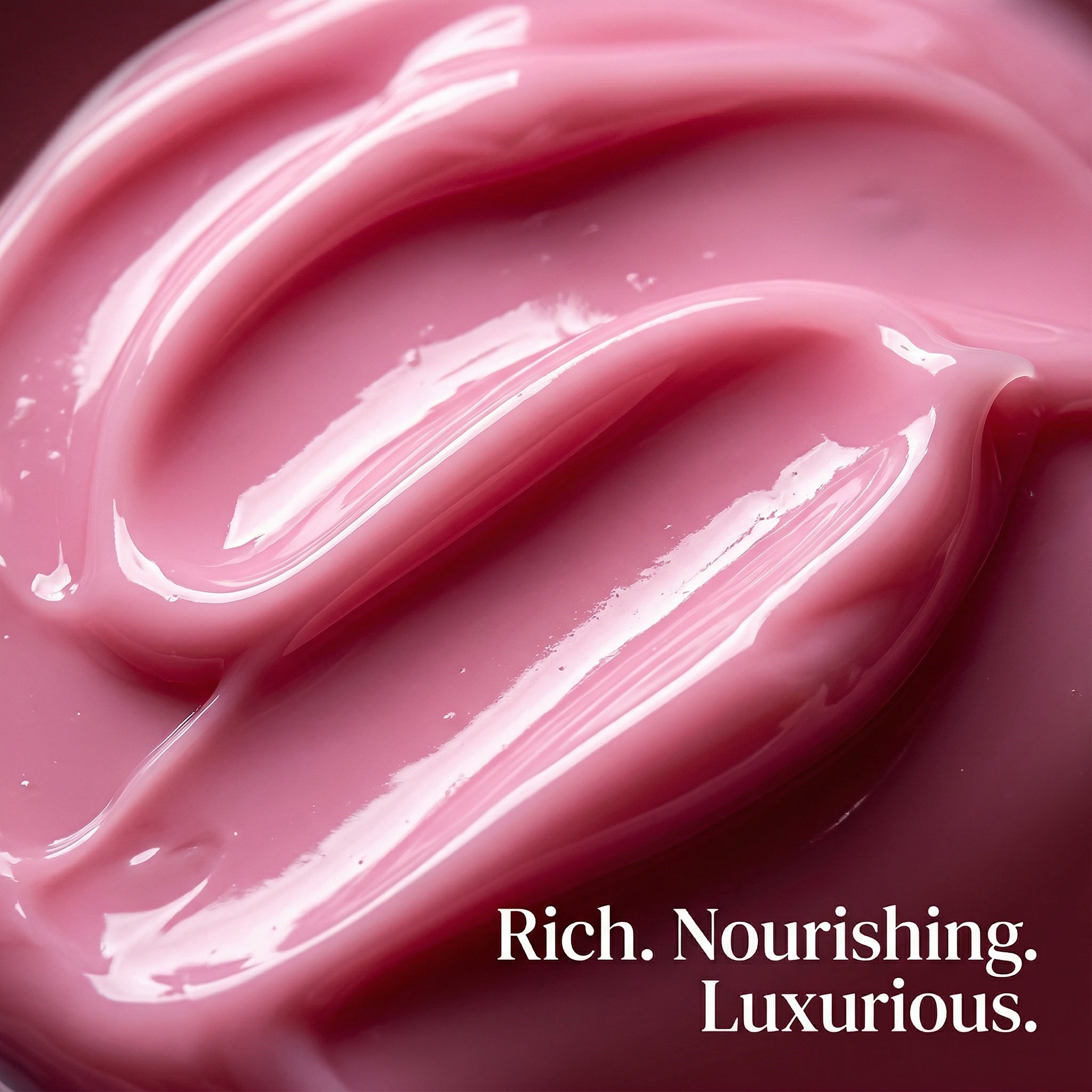 Close-up of pink cream with 'Rich. Nourishing. Luxurious.' text