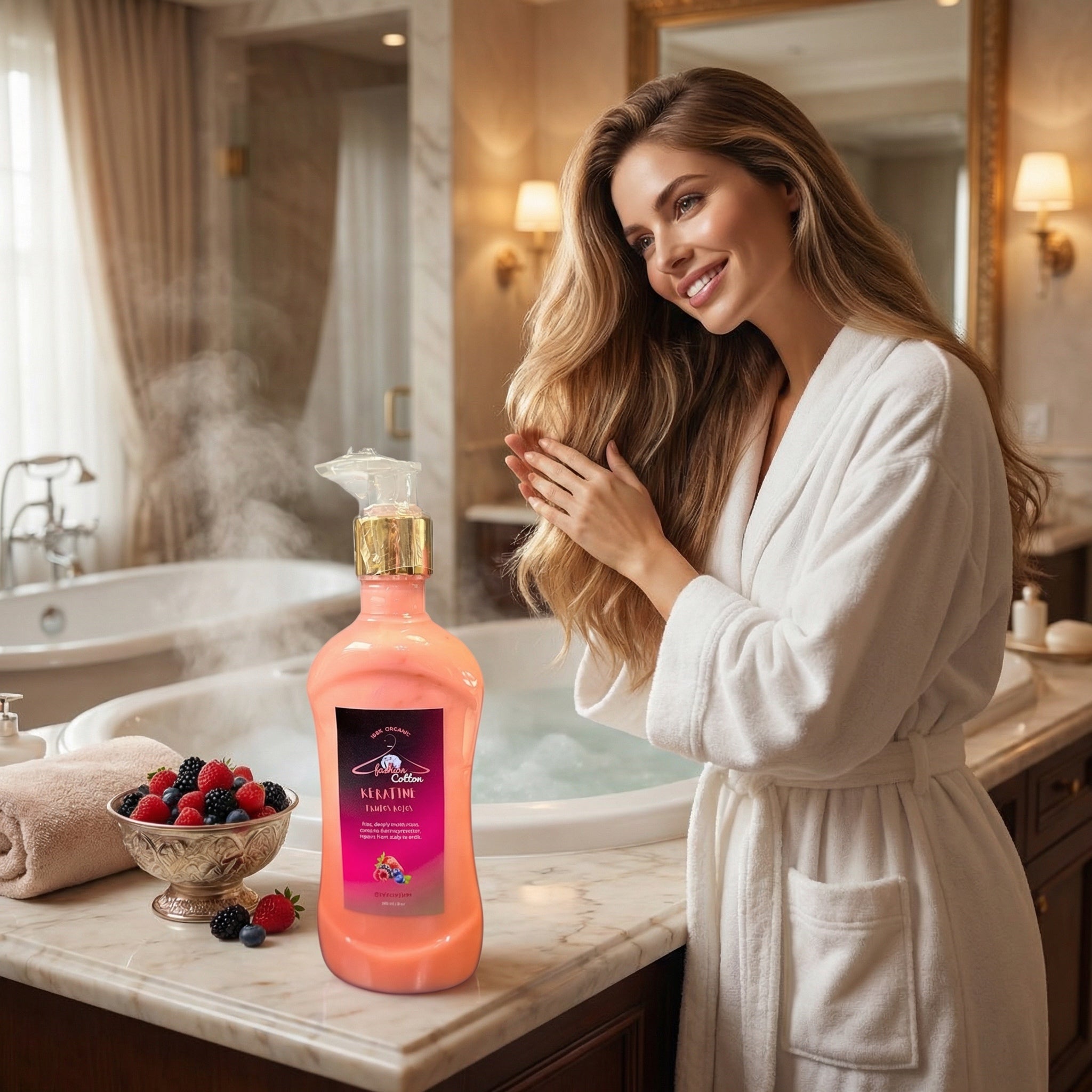 Woman in a bathrobe standing next to a bottle of bubble bath with berries on a bathroom counter.