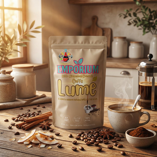 Emporium Coffee Lume package on a kitchen counter with coffee beans and a cup of coffee.
