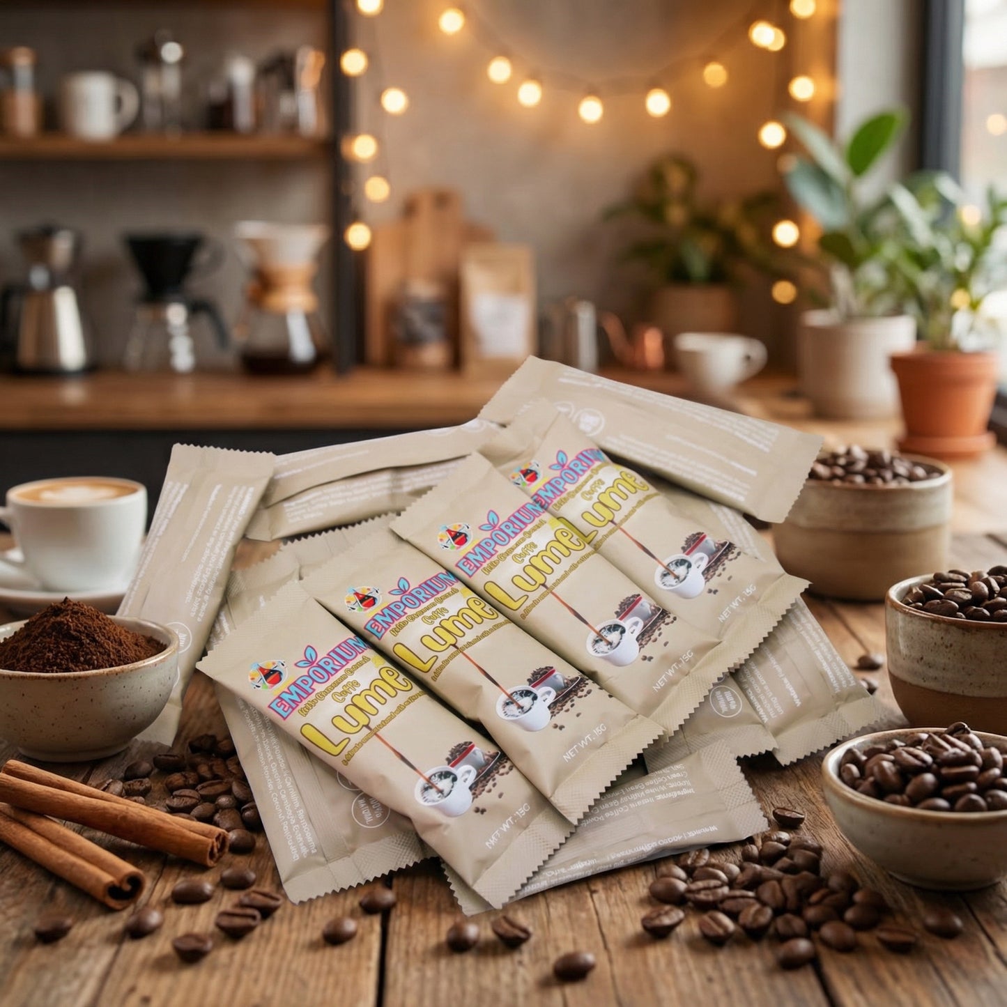 Lund Lutefisk packets on a wooden table with coffee beans and cinnamon sticks, surrounded by kitchen items.