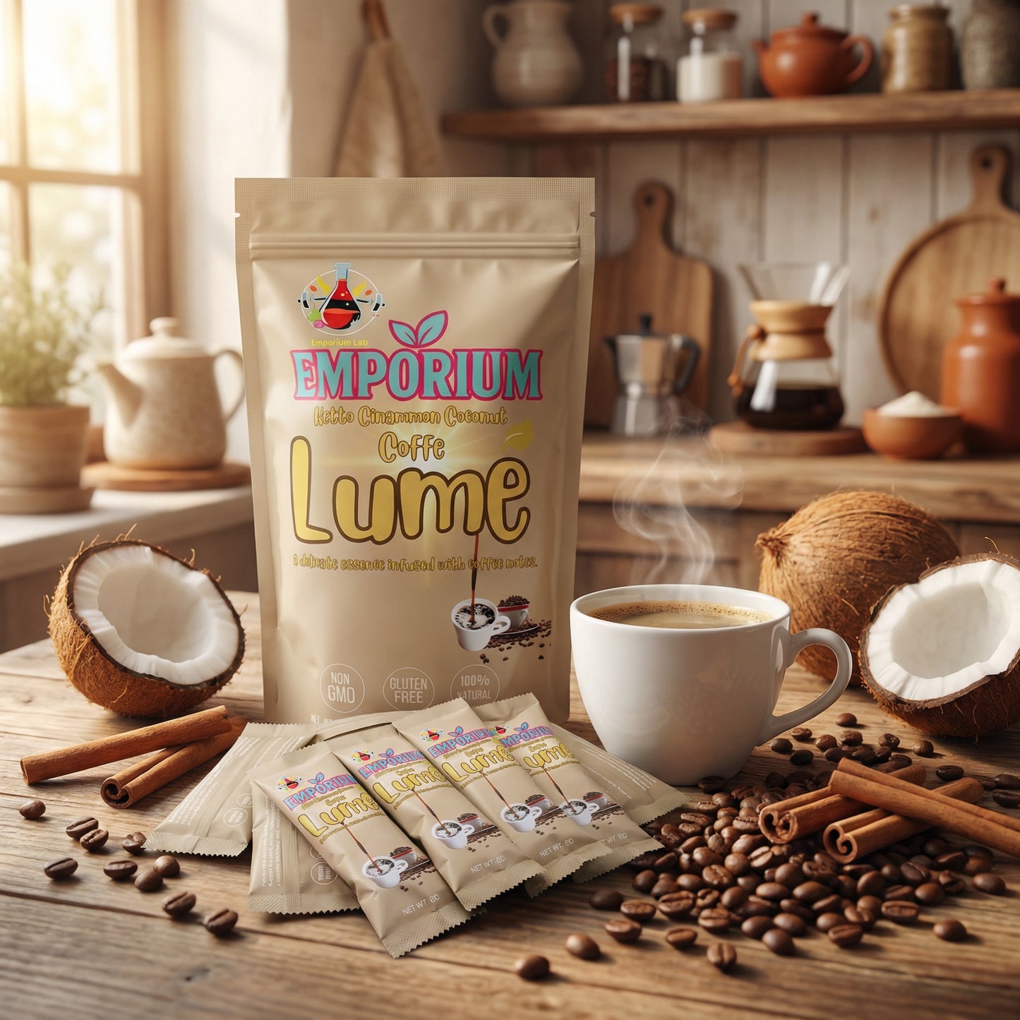 Emporium Coffee Lume packaging with a cup of coffee, coconuts, and coffee beans on a wooden table.