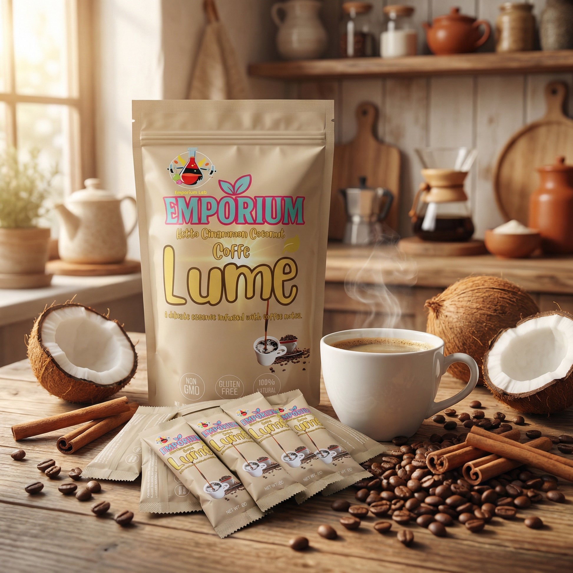 Emporium Coffee Lume packaging with a cup of coffee, coconuts, and coffee beans on a wooden table.