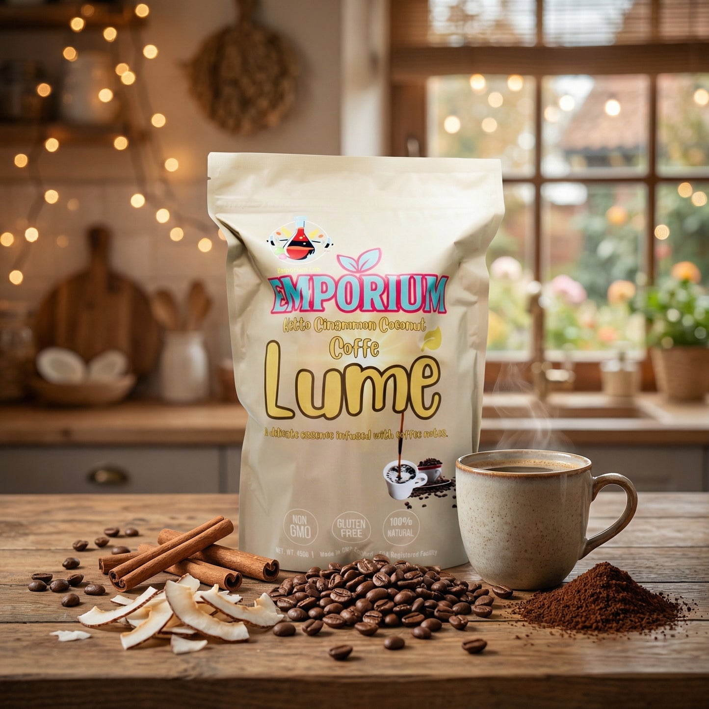 Emporium Coffee Lume package with coffee beans, a cup of coffee, and cinnamon sticks on a wooden table. weightless posbion