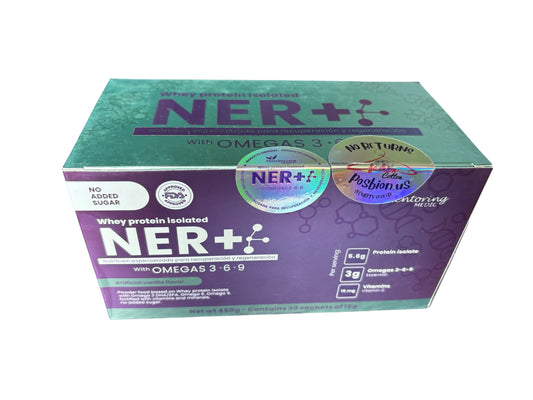 Box of NER+ whey protein supplement with green and purple design