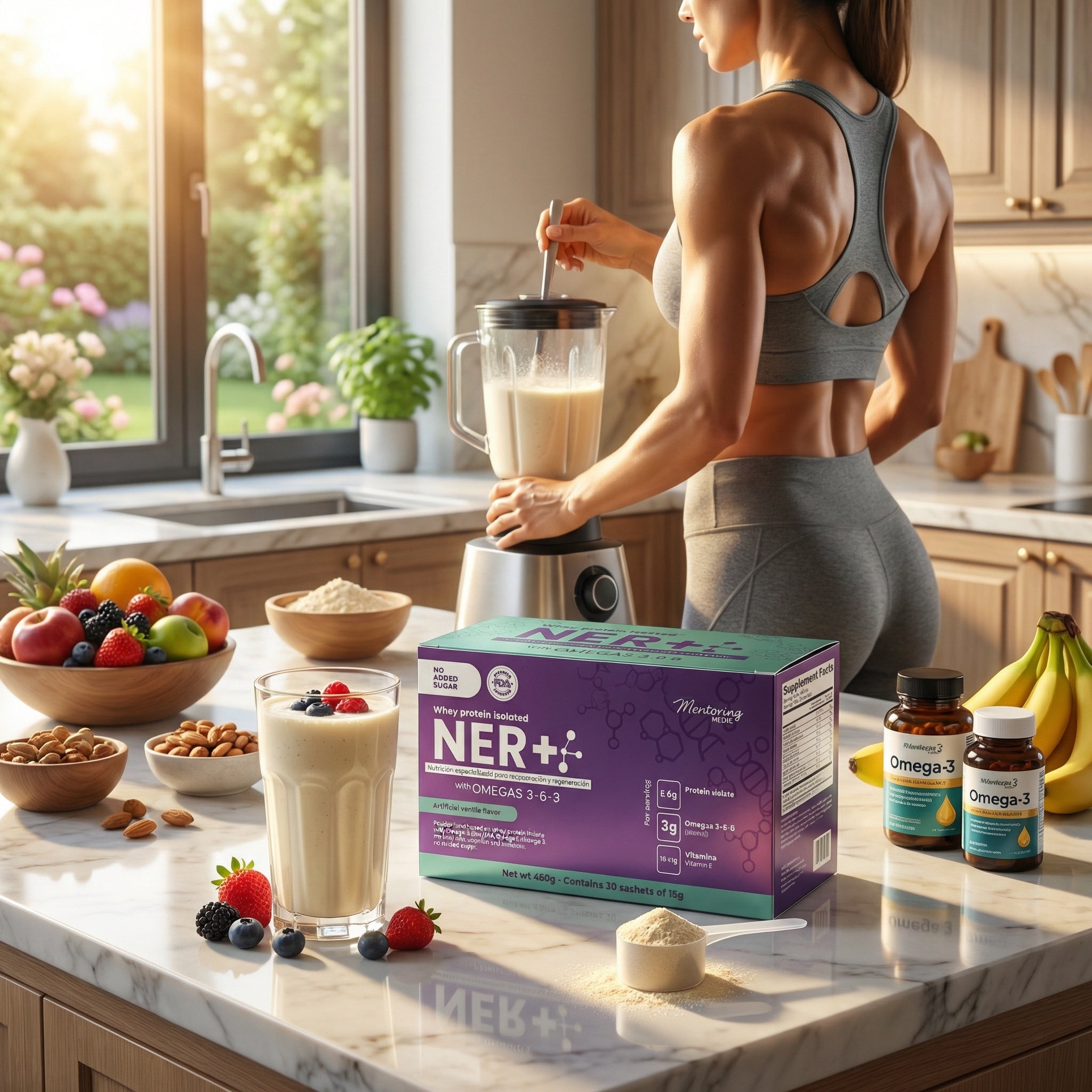 Person preparing a smoothie with NER+ supplement box on a kitchen counter