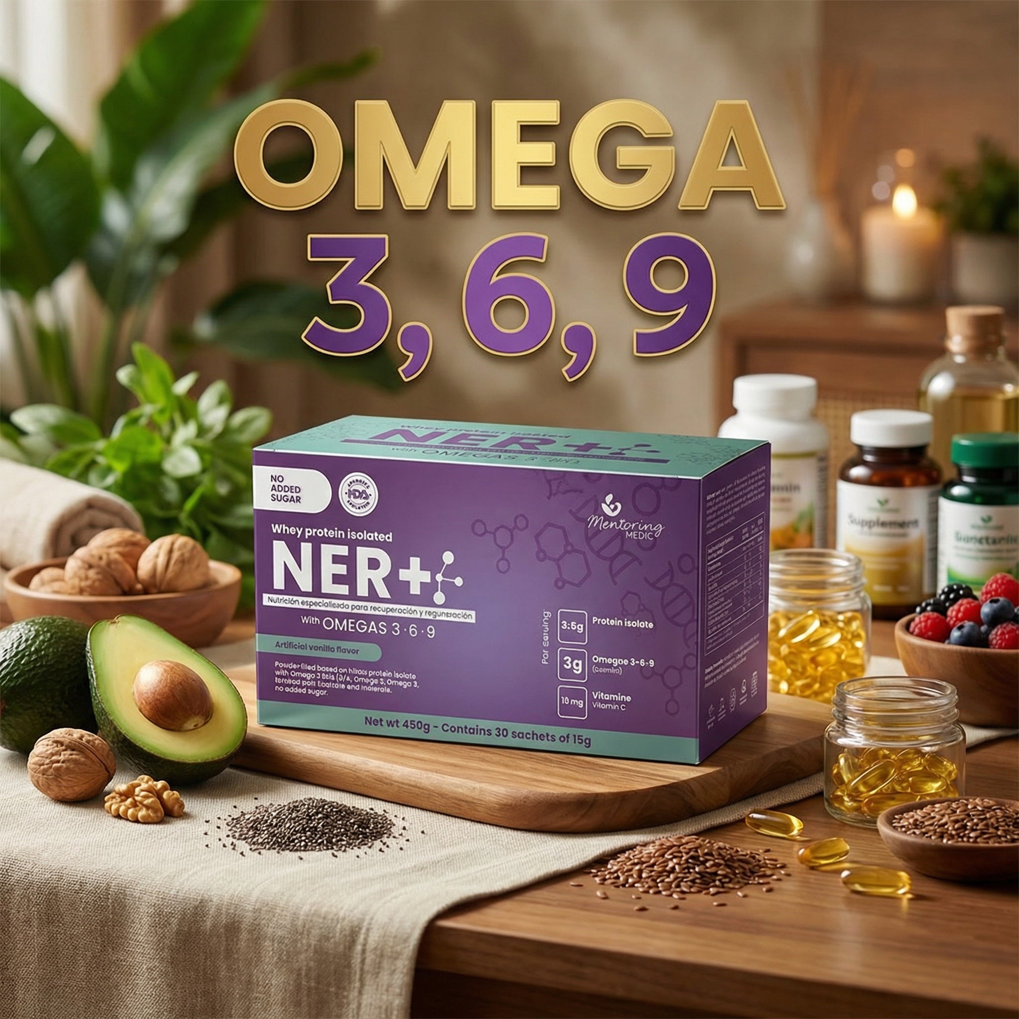 Box of NER+ Omega supplement on a table with health-related items in the background