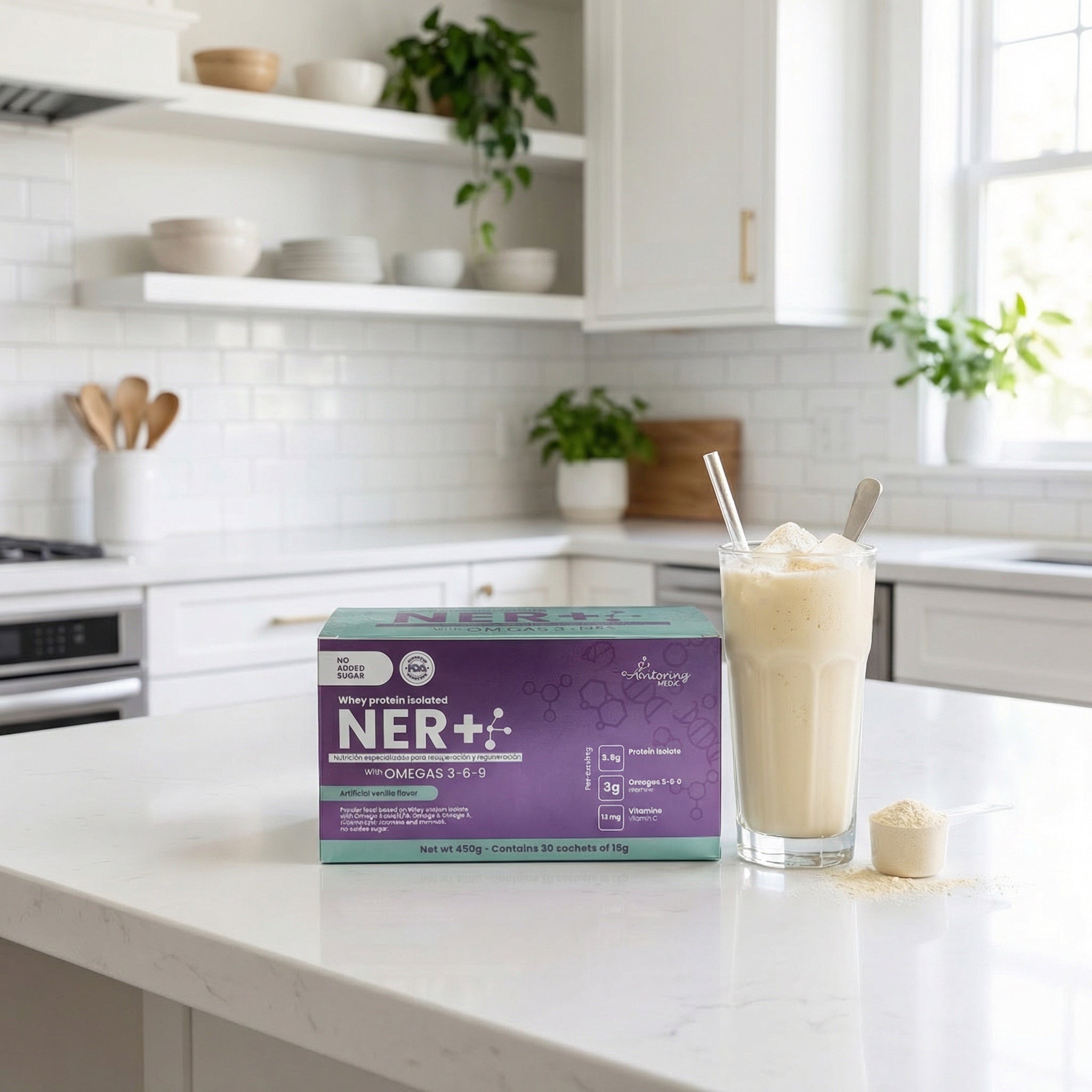 Box of NER+ supplement on a kitchen counter with a glass of a creamy drink and a scoop of powder.