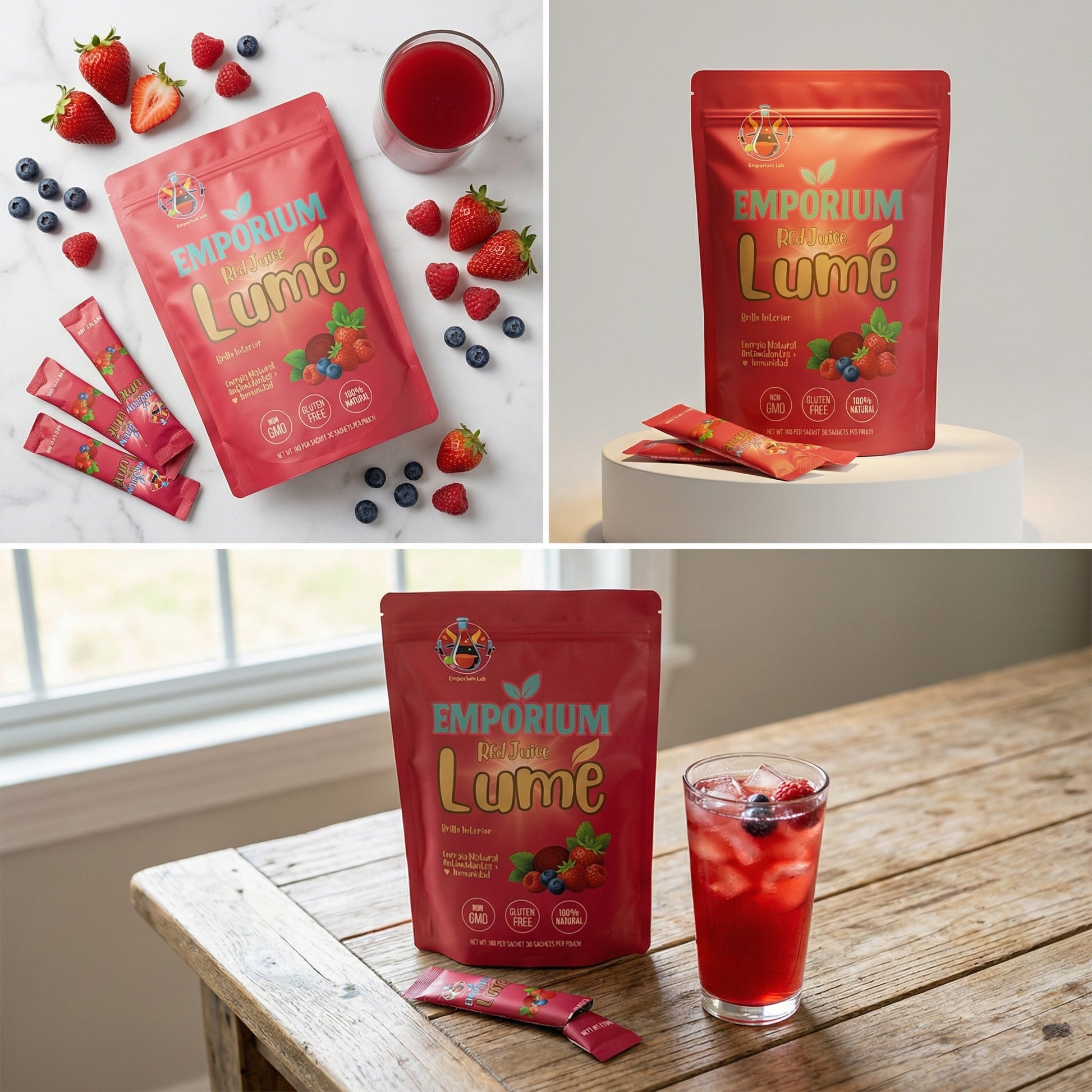Emporium Lume red packaging with berries and a glass of juice on a wooden table.