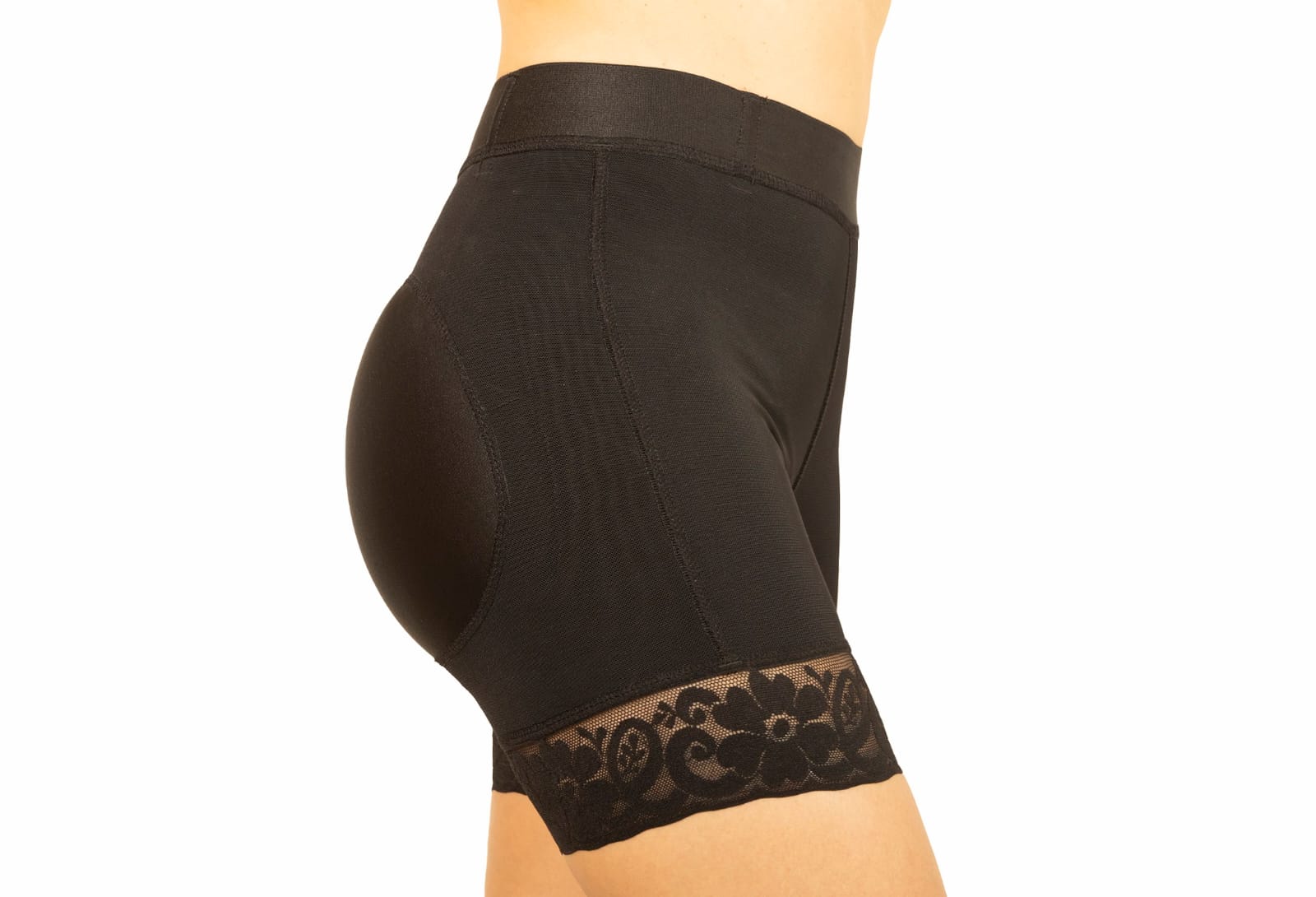 Black shapewear shorts with lace trim on a white background