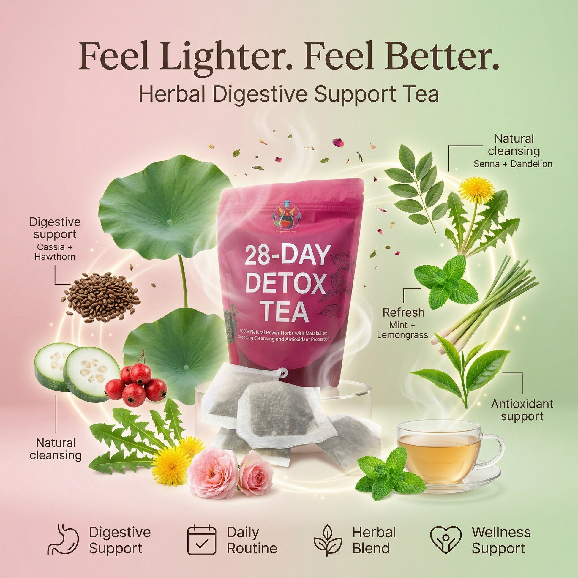 28-Day Detox Tea package with herbal elements and text on a gradient background